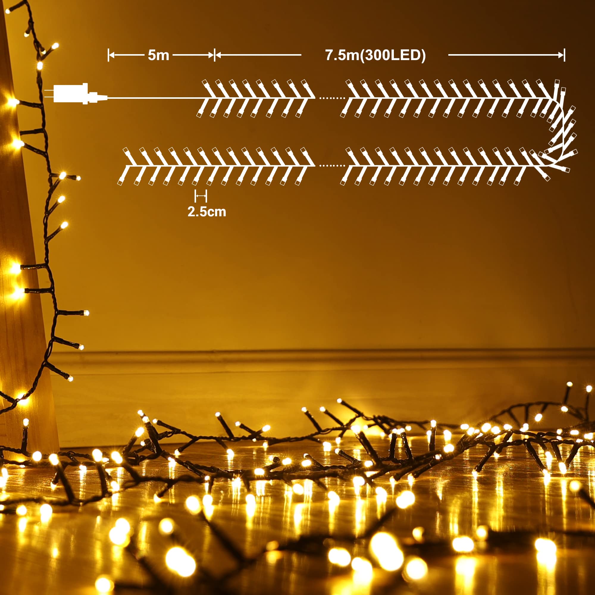 BrizLabs Weihnachten Lichterkette Warmweiß, 7.5M 300 LED Cluster Lichterkette Außen Strom 8 Modi Wasserdicht Weihnachtsdeko Lichterkette für Innen Zimmer Christbaum Party Geburtstag Hochzeit Balkon