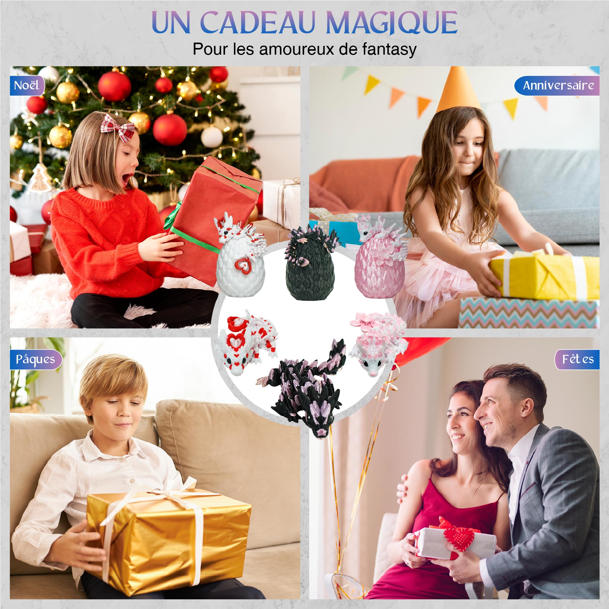 3 piccoli draghi cristalli articolati carini con il loro uovo stampati in 3D Pack decorazione universo fantasy Fidget giocattolo idea regalo unica decorazione per la casa, camera da letto, soggiorno