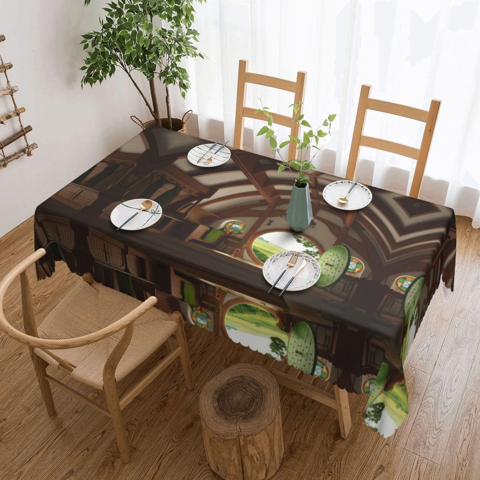 HLSBSSL Beautiful Village Patterned square lace tablecloth, wrinkle-resistant and durable, suitable for dining tables, parties, etc.