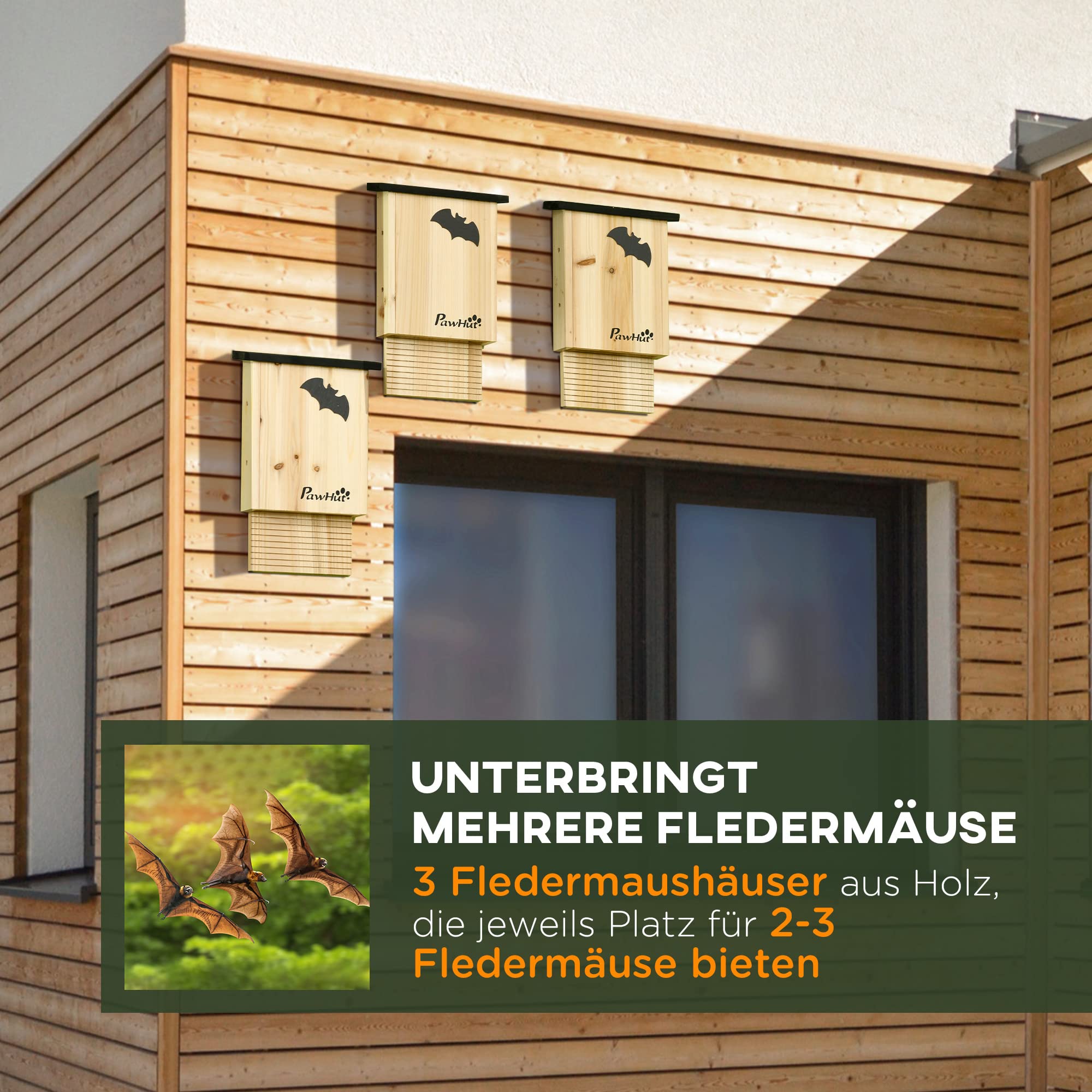 PawHut Fledermauskasten 3er Set Tannenholz Nistkasten 25 x 6 x 37,5 cm