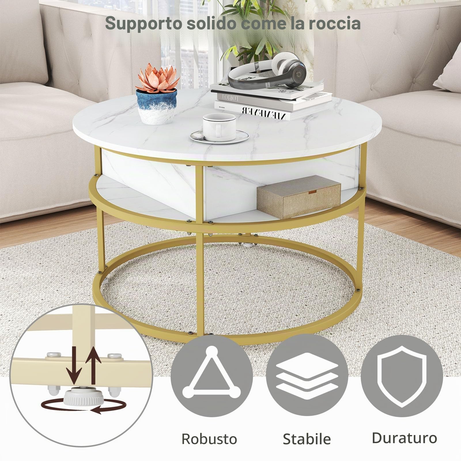 LIFEZEAL Tavolino Salotto Rotondo Sollevabile, Dorato, Oro e Bianco, Effetto di Marmo, Tavolino da Caffè, Divano, Tavolo Soggiorno, con Vano Portaoggetti, in Legno, Metallo, Ø80x49-63cm, Max 80kg