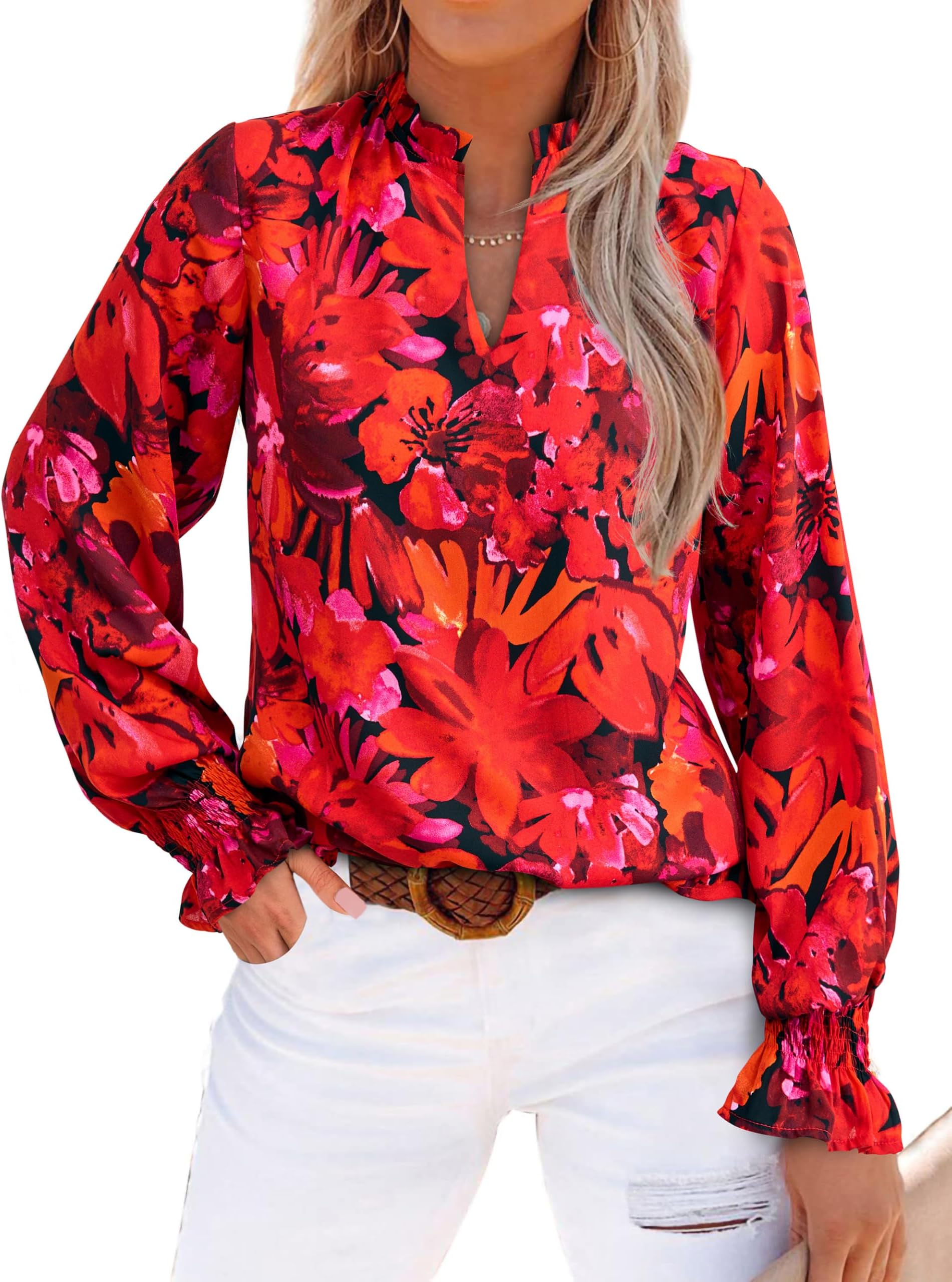 MASCOMODA Womens V Neck Floral Long Sleeve Tops 2026 Summer Casual Loose Puff Sleeve Chiffon Boho Work Blouse Dressy T Shirts