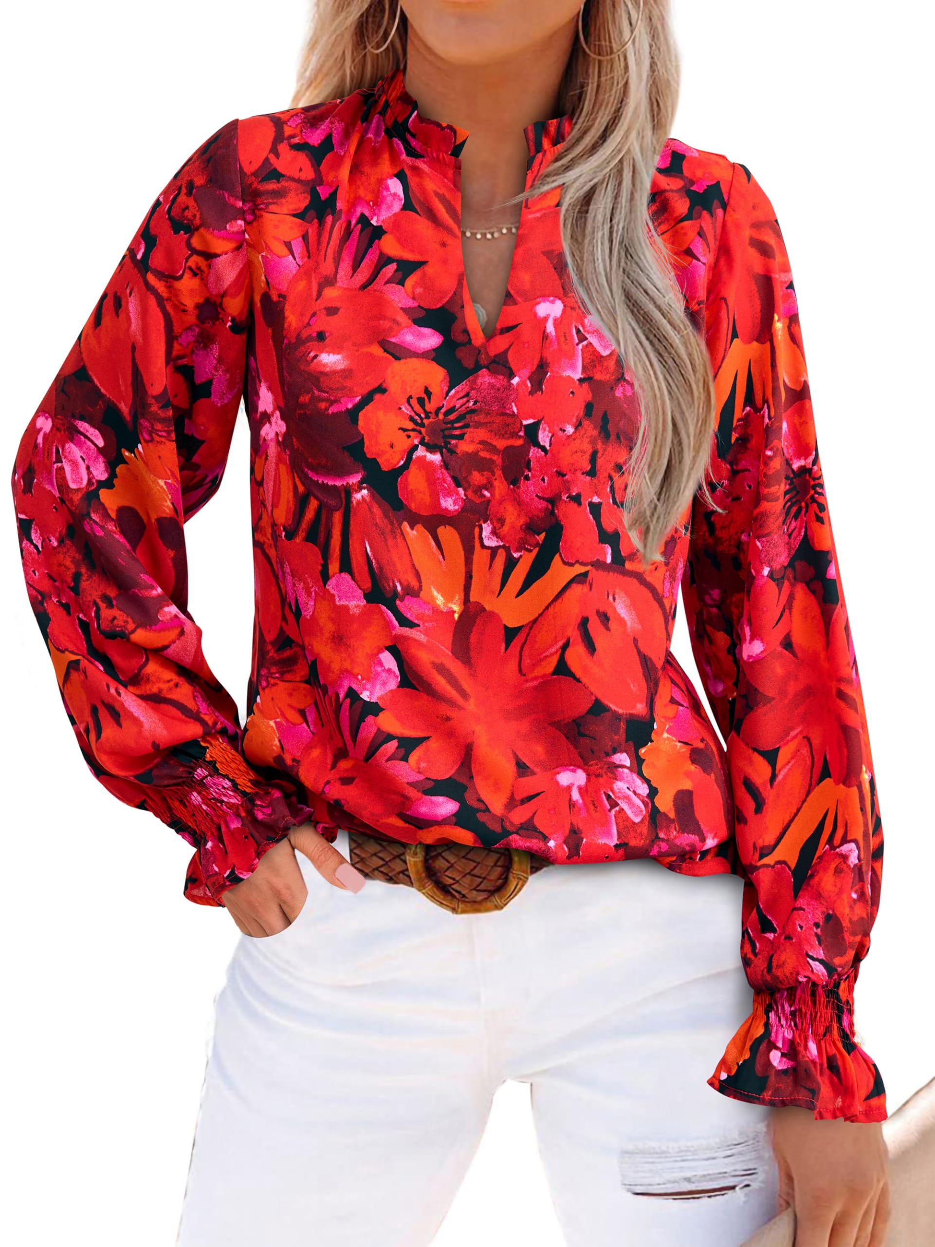 MASCOMODAWomens V Neck Floral Long Sleeve Tops 2025 Summer Casual Loose Puff Sleeve Chiffon Boho Work Blouse Dressy T Shirts
