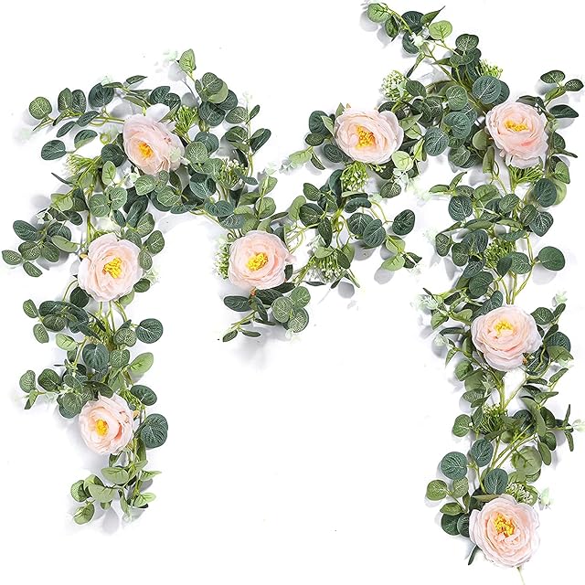 FascmeG 6.6ft Rose Vine Garland with Champagne Roses Faux Artificial Garland Green Leaves Table Runner for Home Wedding Party Garden Arch Wall Decor