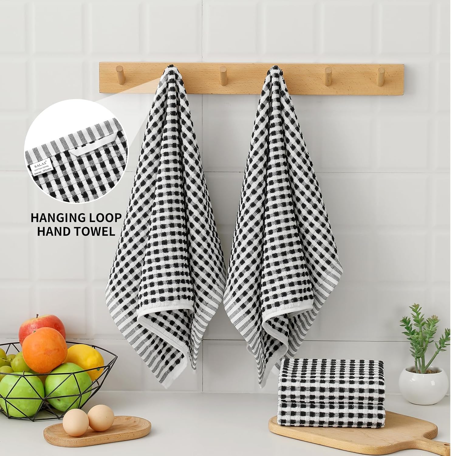 SALAS Cotton Dish Towels for Kitchen Drying Dishes, Lattice Terry Kitchen Cloths with Hanging Loop, 16‘’ x 26‘’, 8 Packs, Black