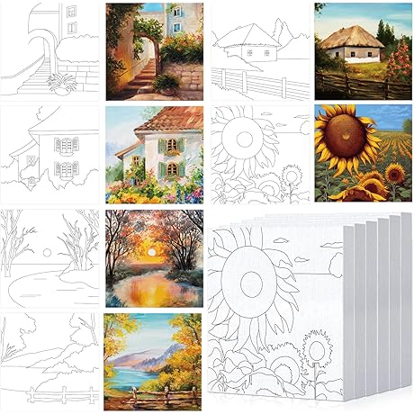 6 Pcs 6 x 6 Inch Pre Drawn Outline Canvas Paint Kit Featuring Inspiring Pictures