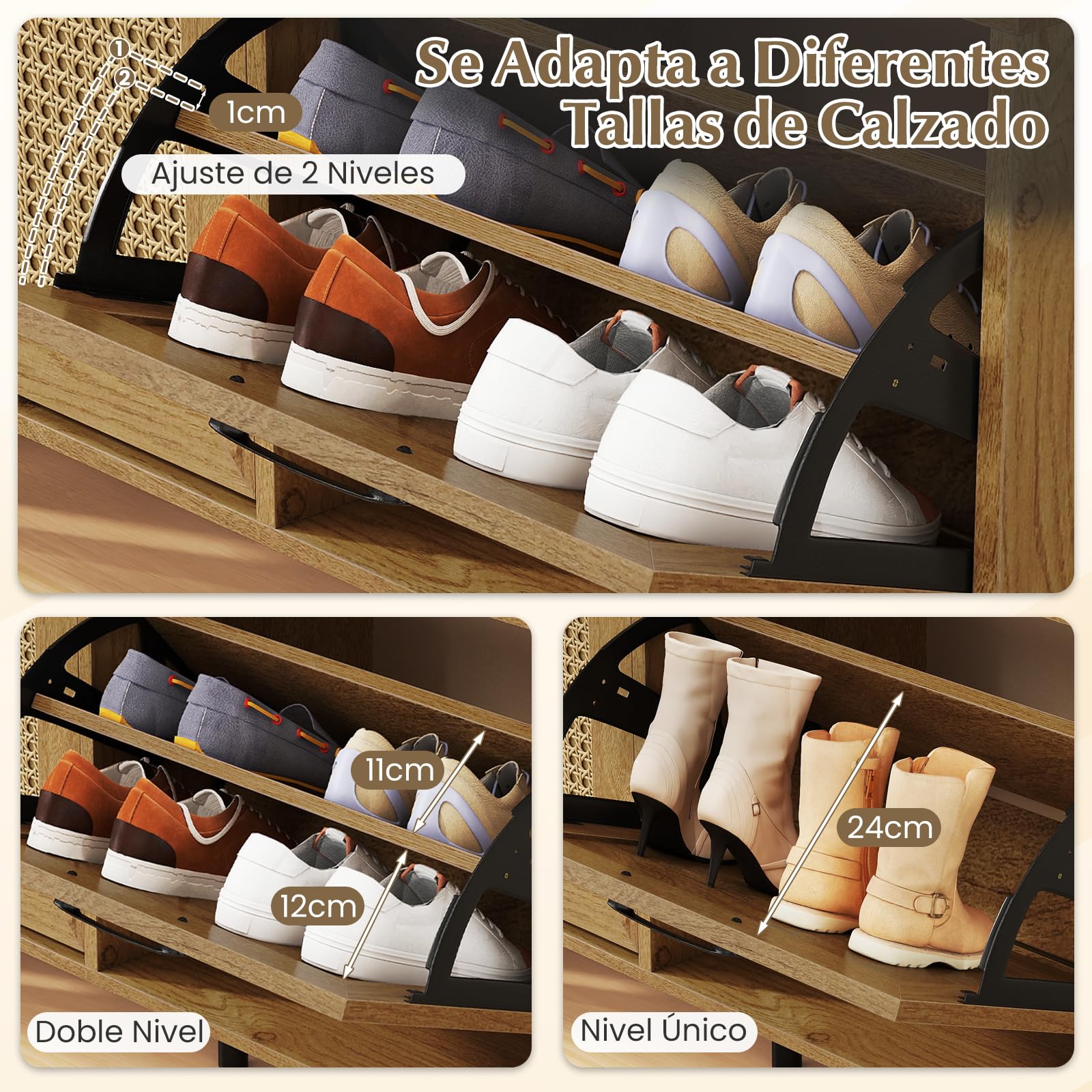 COSTWAY Armario Zapatero, Mueble Zapatero de Ratán con 2 Cajones Abatibles, Superficie Amplia, Estantes Ajustables y Patas de Metal, Entrada Pasillo Recibidor, 100 x 30 x 53 cm