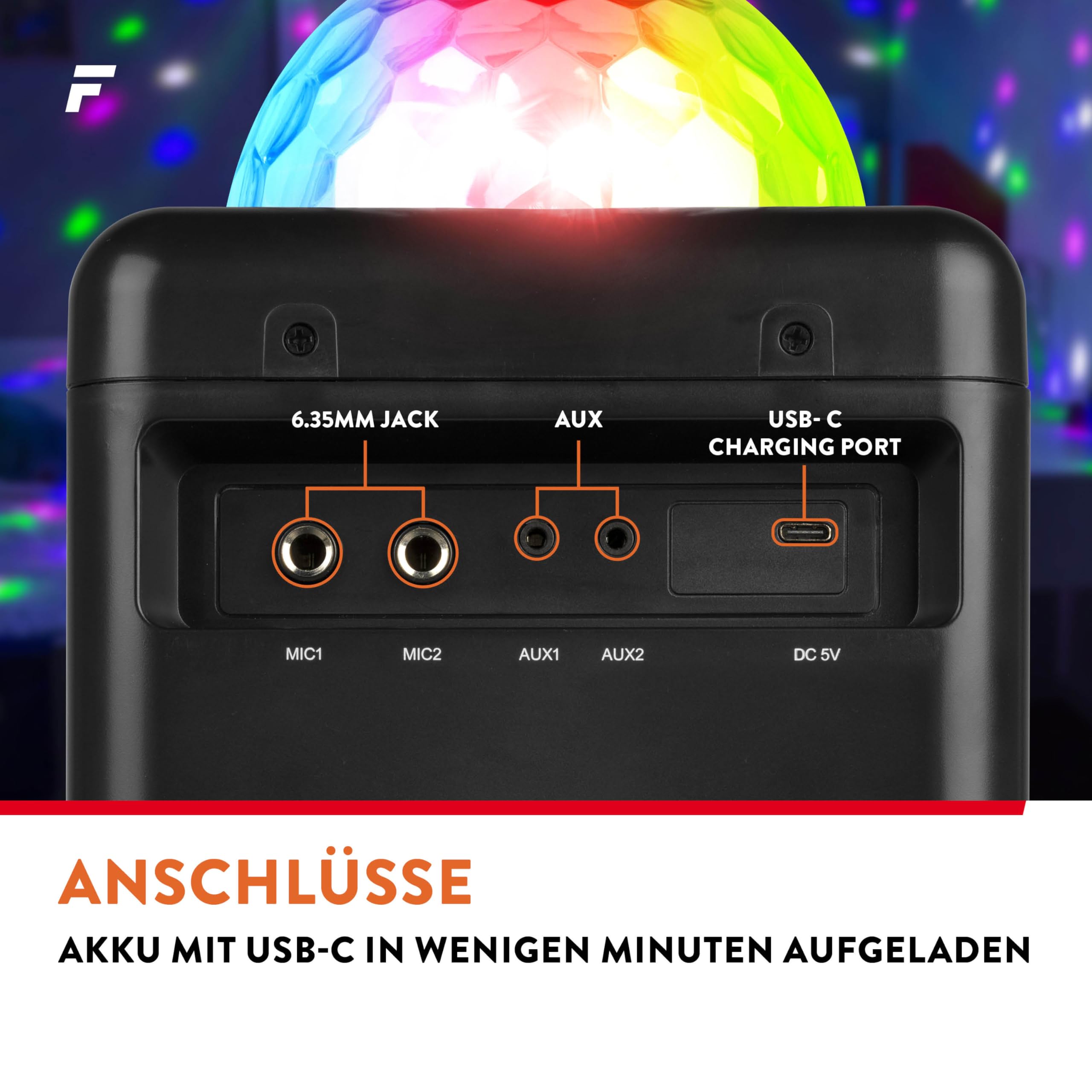 Fenton KAR15B Mobile Karaoke Maschine Kinder mit 2 Mikrofonen, Bluetooth, Akku, LED-Lichteffekte, Echo-Modi & AUX-Eingang - Tragbare Karaoke Box mit USB-C-Kabel, ideal für Partys & Duette - Schwarz
