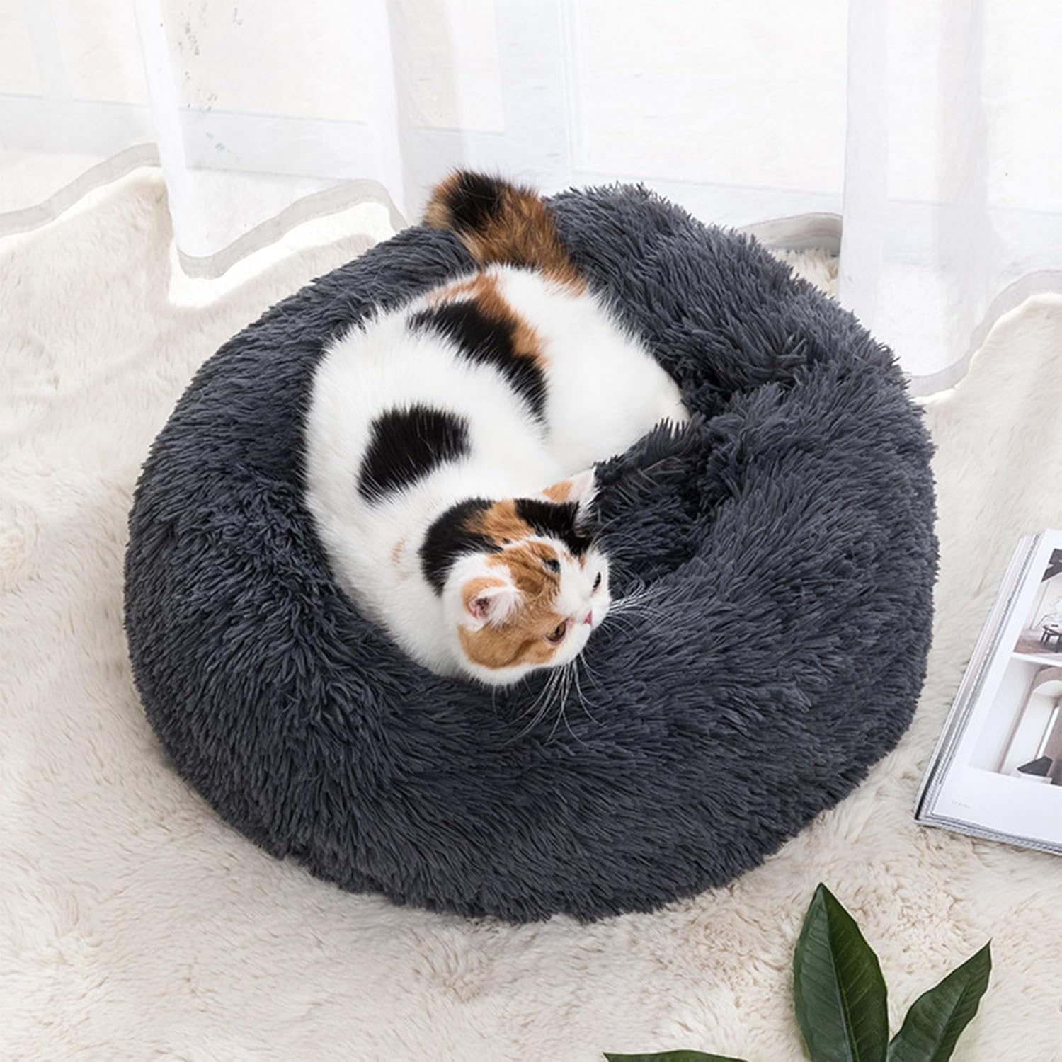review Cat Beds for Indoor Cats, 20 inches Cat Bed Calming Plush Cat Bed Anti-Slip Round Fluffy Dog Bed Donut Dog Bed Soft Puppy Pet Bed Cat Beds for Small Medium Dogs Kittens (Dark Grey)