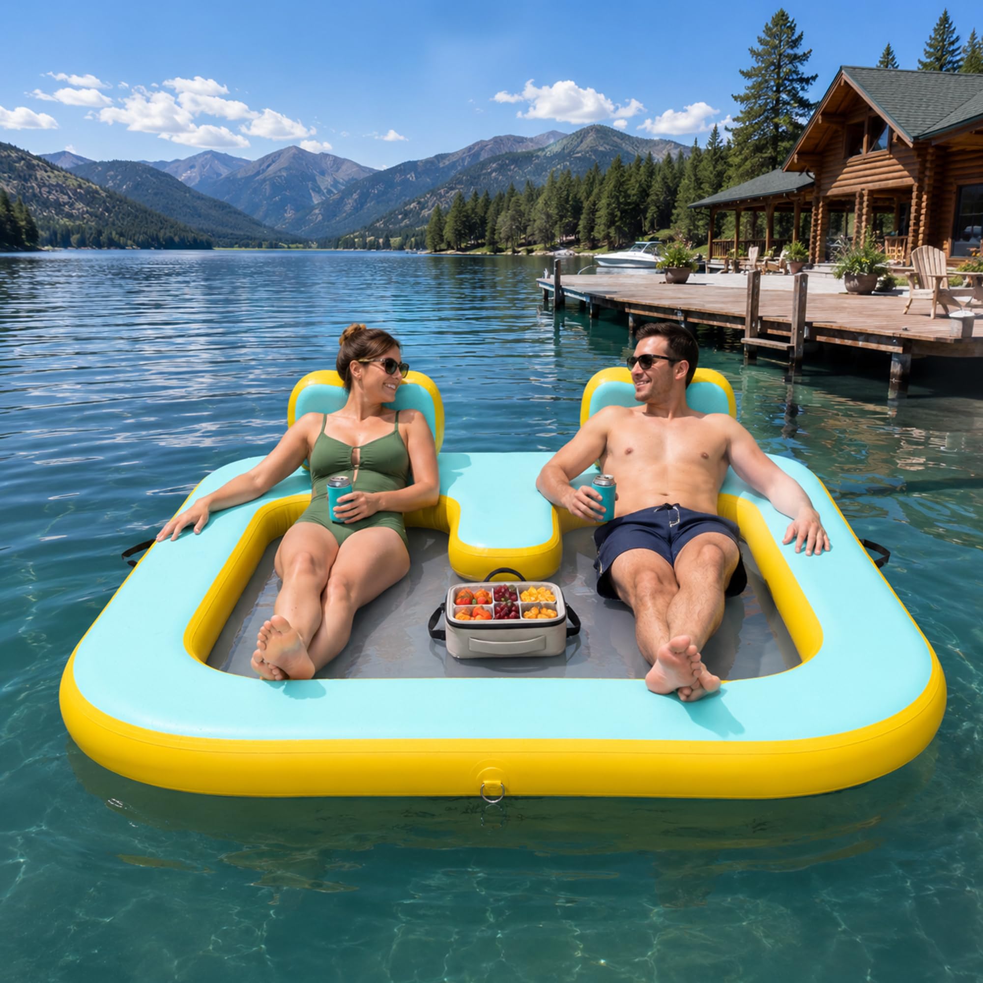 Photo 1 of 2 Person Pool Float for Adults, 71" x 71" Heavy-Duty Inflatable Floating Platform with Dual Backrests and Open-Center Water Hammock, Supports up to 500 lbs for Pool, Lake, Boat, Beach and Vacation