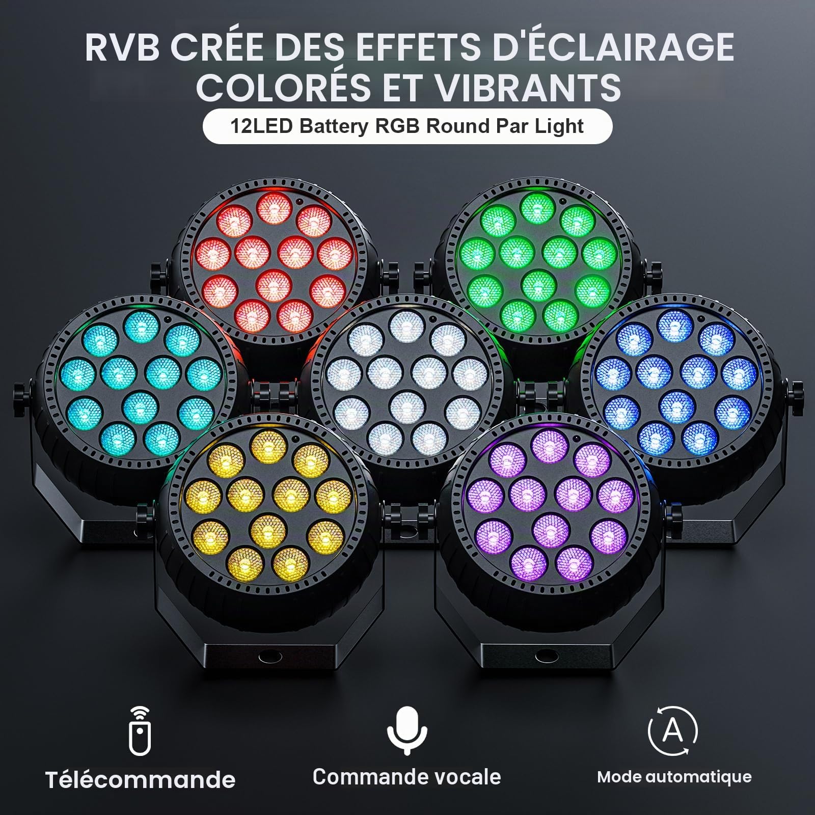 4PCS Mini Par LED Sans Fil RGB 12 LED, 2200mAh Projecteur Par Batterie Rechargeable avec Télécommande, 4-6h Autonomie Lumière de Scène pour Bars DJ Discos Mariages Halloween Noël