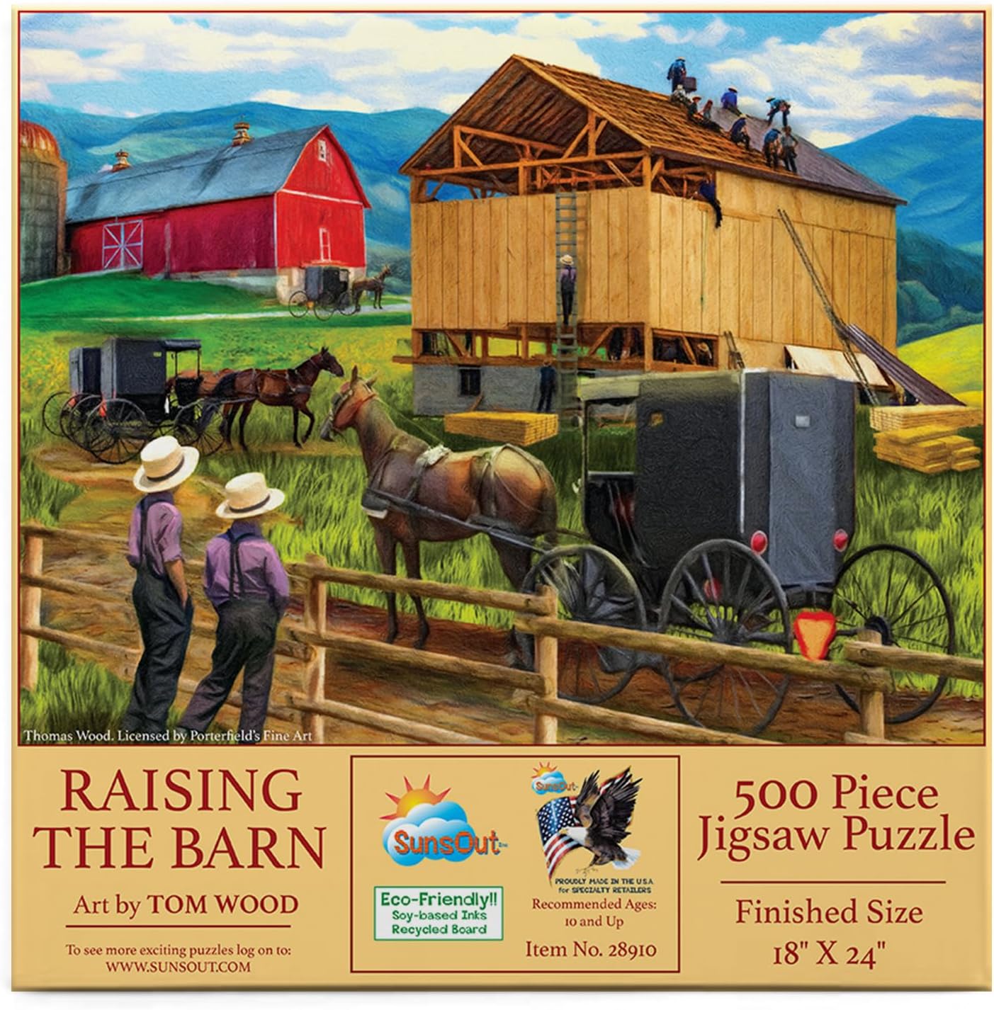 SUNSOUT INC - Raising the Barn - 500 pc Jigsaw Puzzle by Artist: Tom Wood - Finished Size 18" x 24" - MPN# 28910