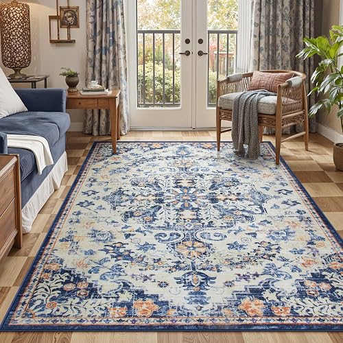 Lahome Reine Large Area Rug 5x7 Washable Bohemian Rug for Bedroom Living Room, Medallion Non Slip Non Shedding Low Pile Accent Indoor Floor Carpet for Dining Room Office Playroom, Blue Purple/Multi