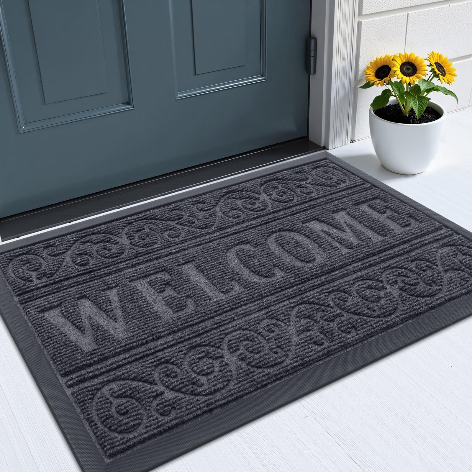 OLANLY Welcome Door Mat Indoor Outdoor 29.5x17, Heavy-Duty Rubber Doormat | Medium Grey, Waterproof All-Weather, Stain Resistant, Low-Profile Floor Mat for Patio, Entrance and Entryway, Easy to Clean