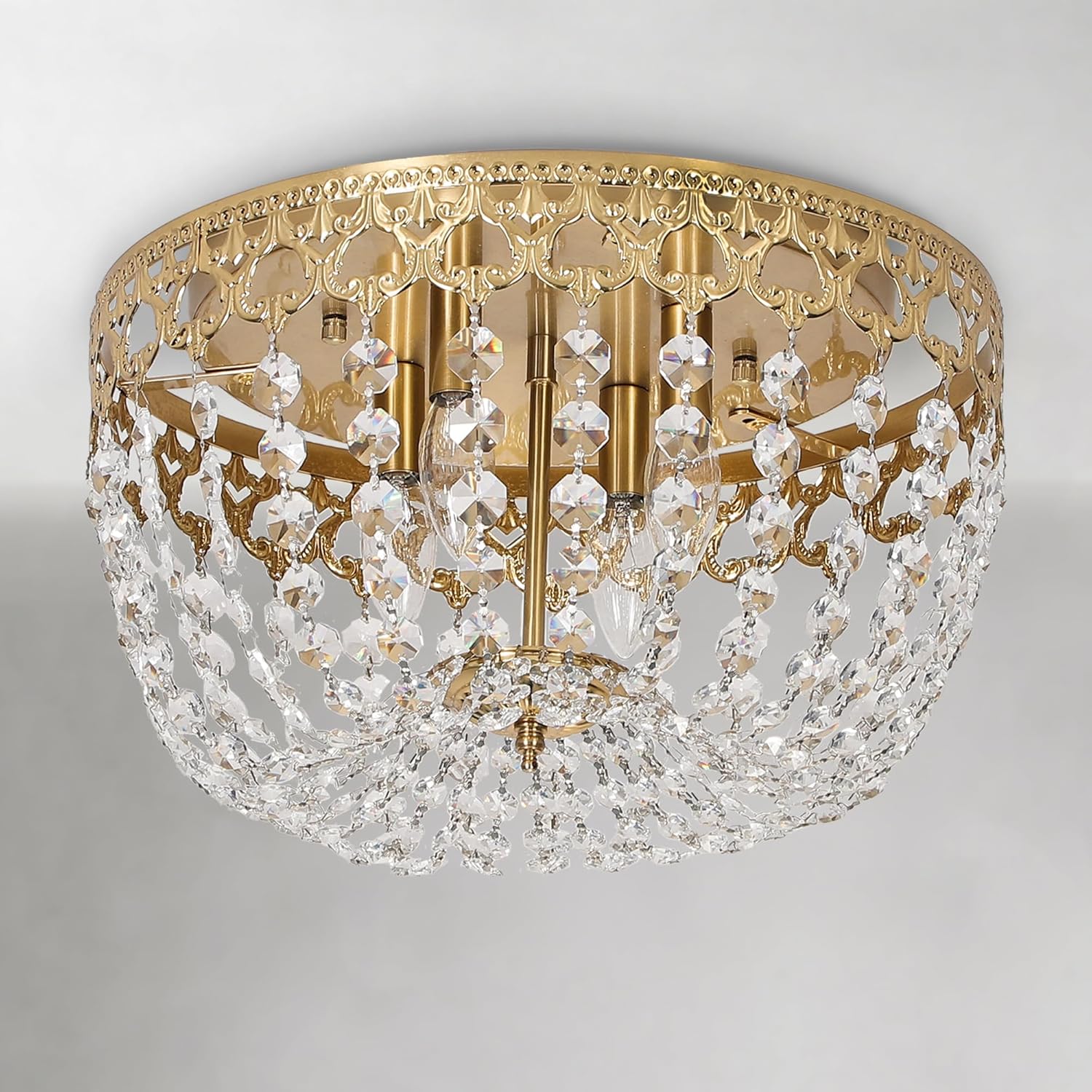 Maxax 15" Crystal Brass Ceiling Light Fixture, 4-Lights Vintage Gold Chandelier, Antique French Empire Lixture Fixture, E12 Bulbs