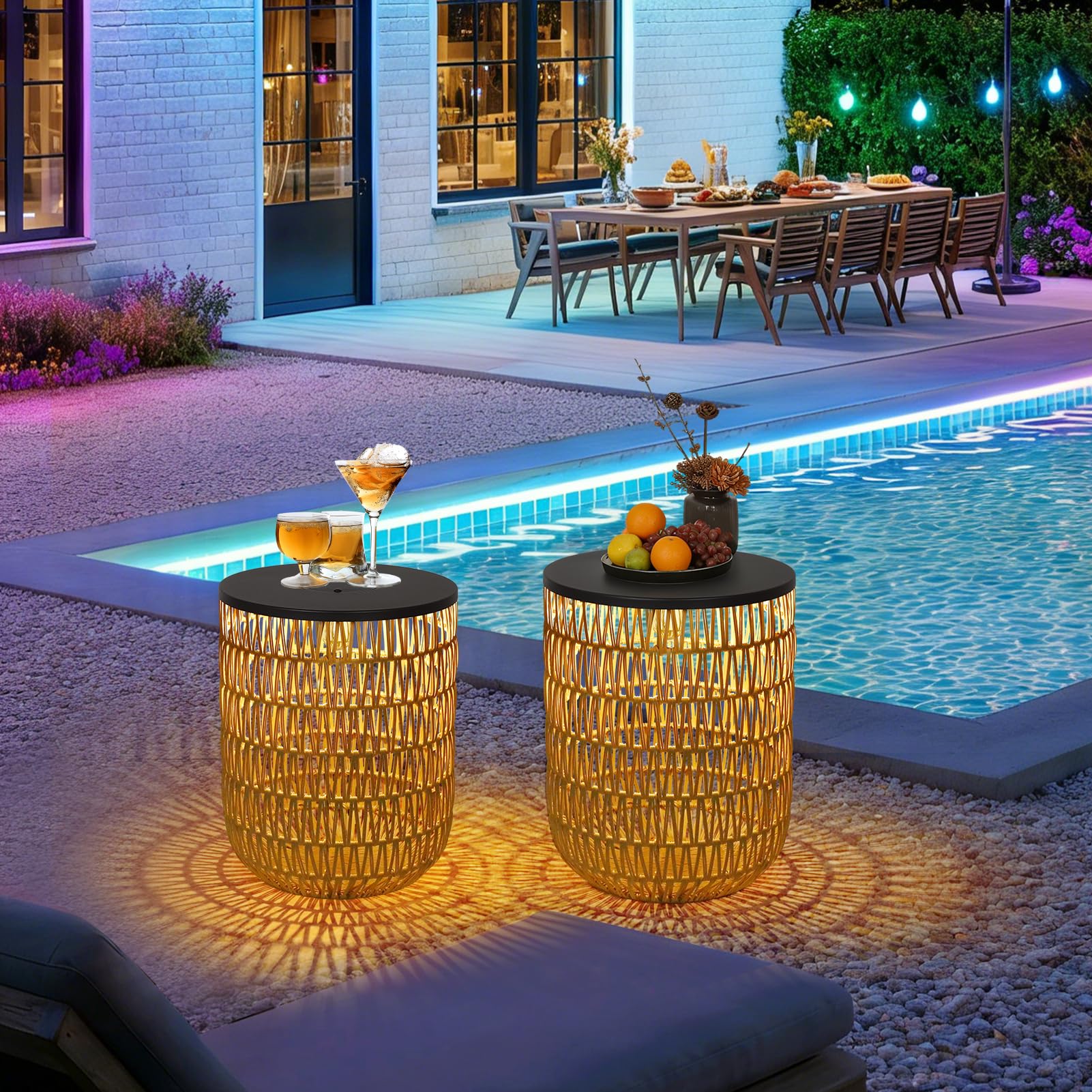 Rayofly Solar Beistelltisch Outdoor 2er Set, Rund Gartentisch Wetterfest mit Solarleuchte, Boho Solar Outdoor Tisch, Kunststoff-Rattan Solarlampe Tisch für Außen, Balkontisch, Beistelltisch Terrasse