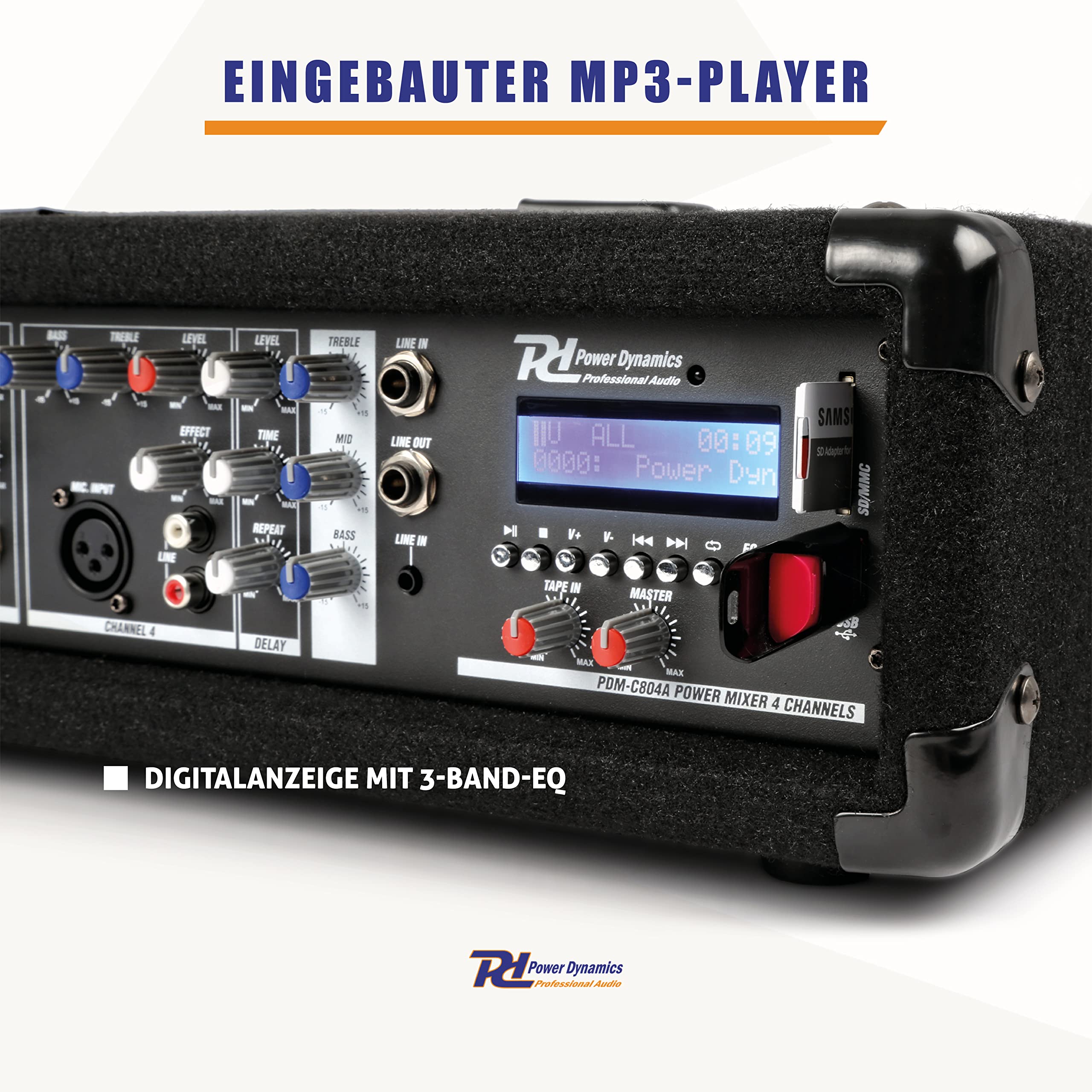 Power Dynamics PDM-C405A 4-Kanal DJ Mischpult mit Verstärker Mischpult Bluetooth Mixer mit eingebautem Verstärker, robuster Audio Mixer, MP3 Player, DJ Mischer für kleine Live Events