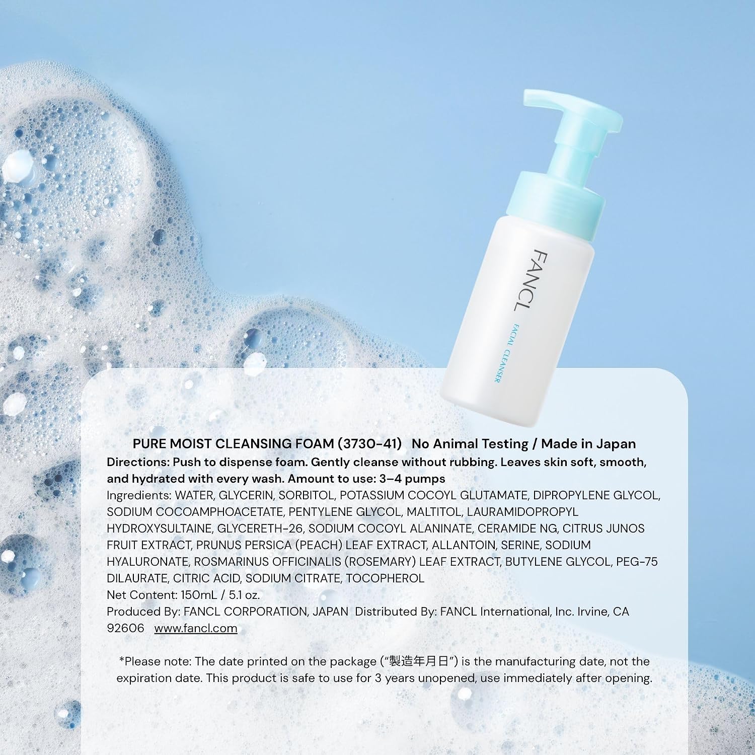 FANCL Pure Moist Cleansing Foam – Japanese Additive-Free Face Wash with Rich Foaming Lather, Hydrating & Gentle Facial Cleanser for All Skin Types
