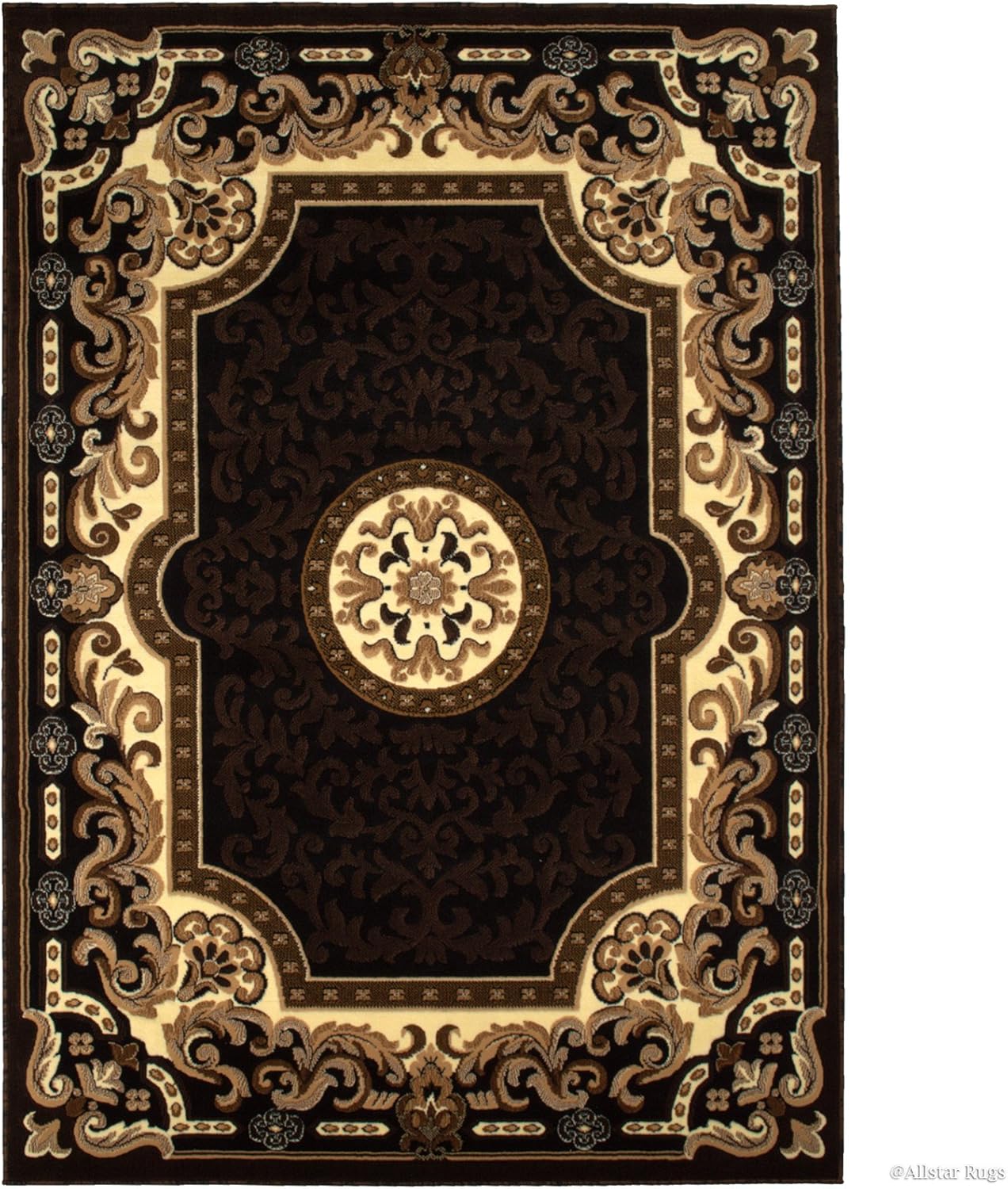 Allstar 5x7 Beige and Ivory Classic French Country Machine Carved Effect Rectangular Accent Rug with Mocha and Espresso Bordered Medallion Design (5' 2" x7' 1")