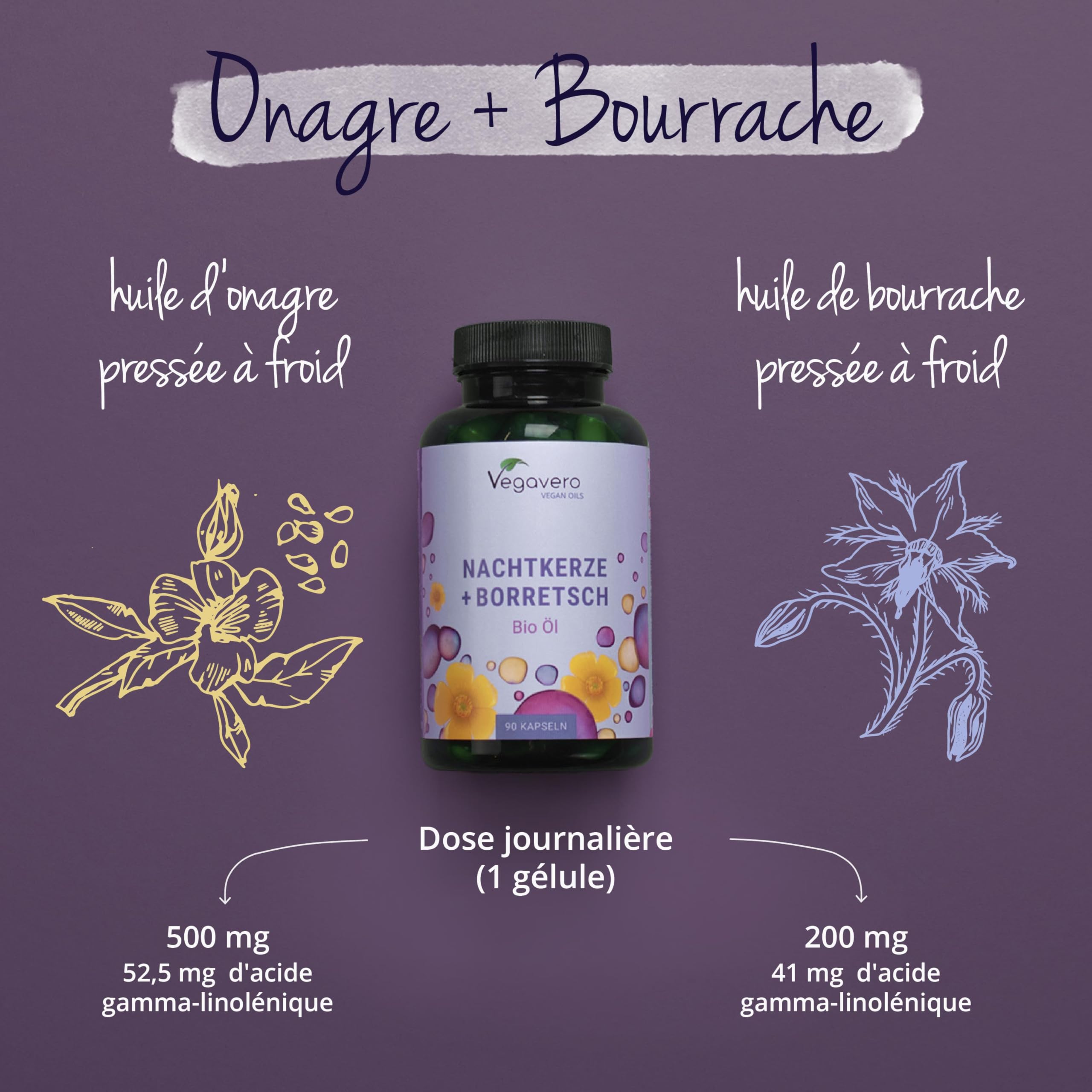 Onagre BIO + Bourrache - 700 mg | VEGAN & Naturel | Avec Omega 6 | Pour la Peau + Rééquilibrage hormonal | Qualité Supérieure & Sans Additifs | 3 Mois | Vegavero®