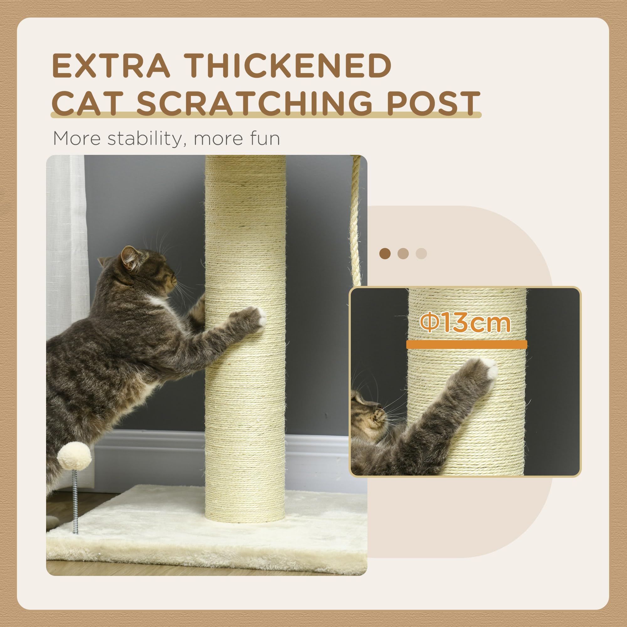 PawHut Árbol para Gatos de 83 cm, Torre para Gatos de Interior con Postes rascadores de sisal, Cama ampliada para Gatitos, Pelota y Juguete de Cuerda, Color Crema