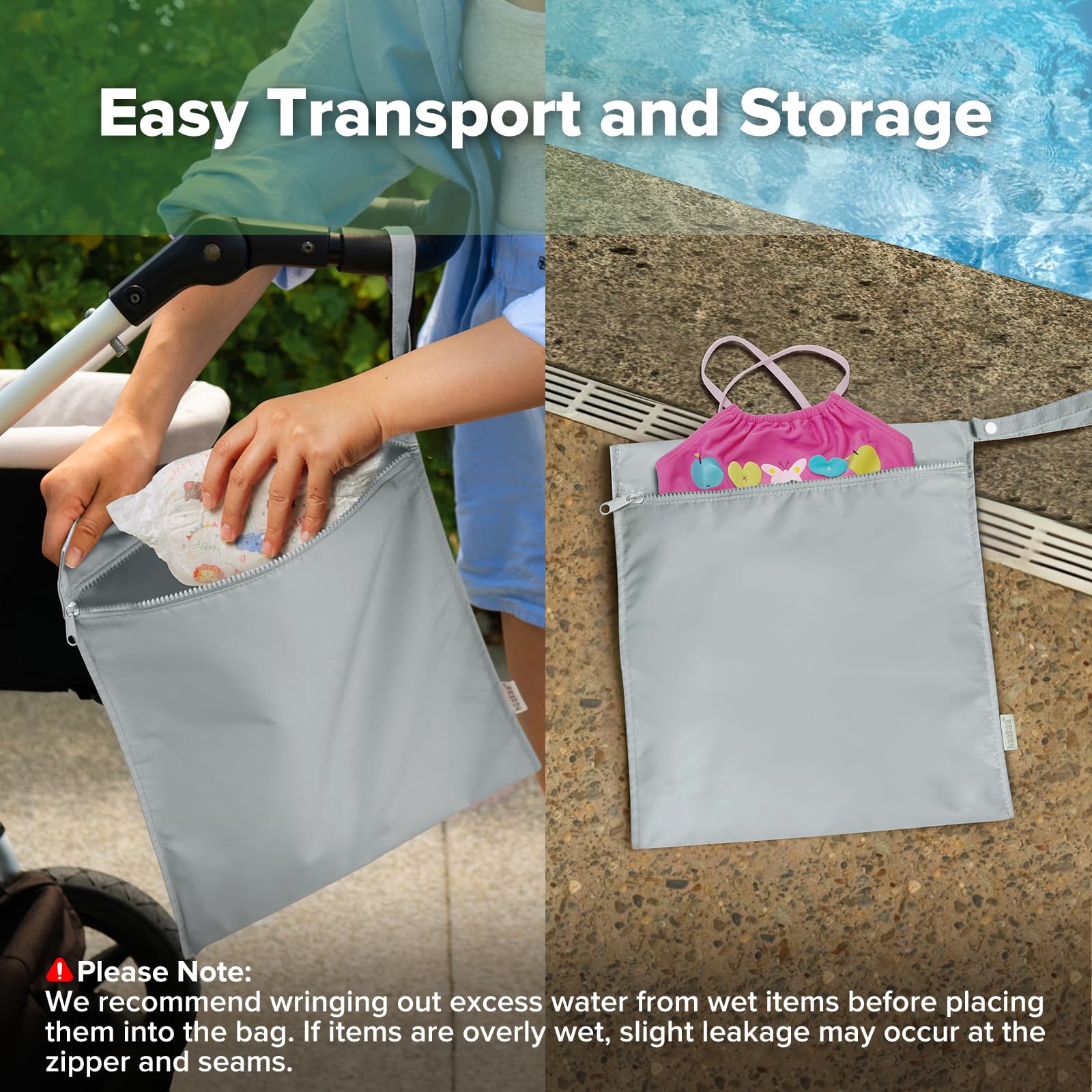 haakaa Waterproof Wet Bags for Baby Wet Dry Bags for Cloth Diaper Swimsuit & Travel, 2pcs, Grey - Image 3