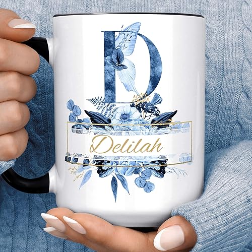 Personalized Blue Floral Monogram Name Coffee Mug | Beautiful Flowers Initial Custom Microwave Dishwasher Safe Cup