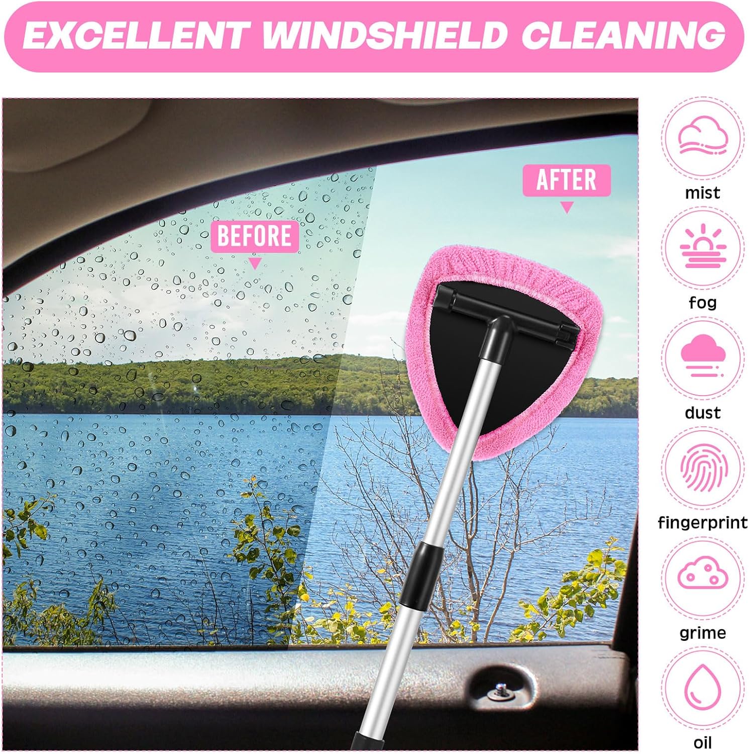 Baderke 10 Pcs Windshield Cleaner Tool Car Window Cleaning Supplies with Extendable Handle Include 6 Washable Microfiber Bonnets 2 Empty 60ml Spray Bottle Glass Wiper Kit(Pink)