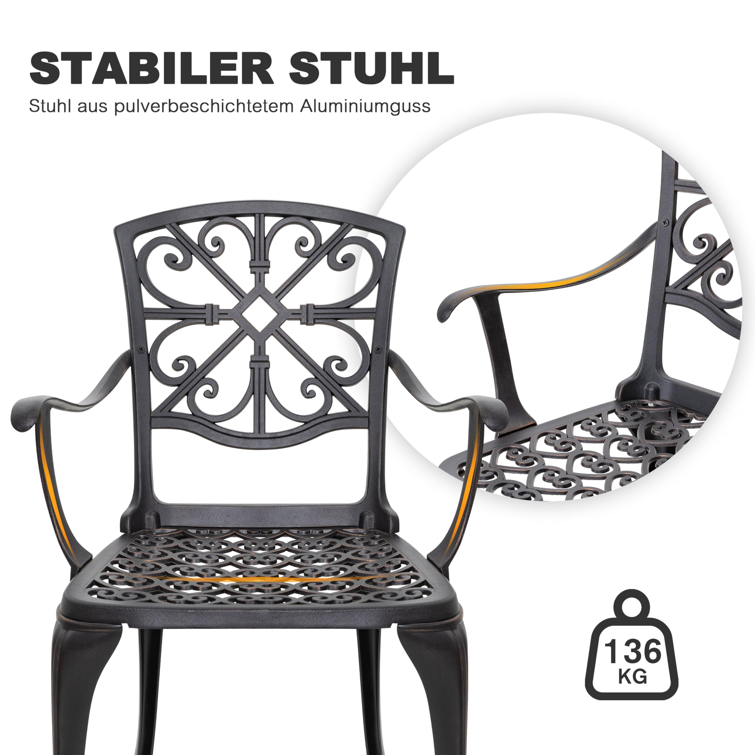 Avestar 3-teiliges Outdoor Bistro Set, Gartenmöbel, Balkonmöbel Set, runder 60 cm Bistrotisch aus Aluminiumguss, mit Schirmloch, 2 Balkonstühlen, für Terrasse, Schwarz (Mit Armlehnen)