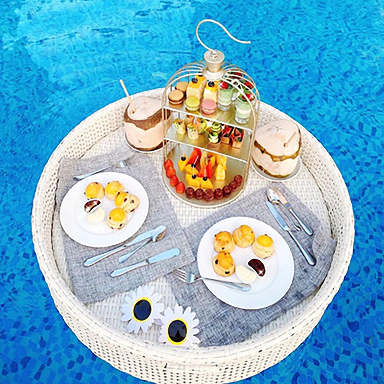 GtzlyRound Rattan Woven Serving Tray Rattan Floating Breakfast Tray with Handles, Swimming Pool Floats, Essential Floating Food Tray for Pool Activities