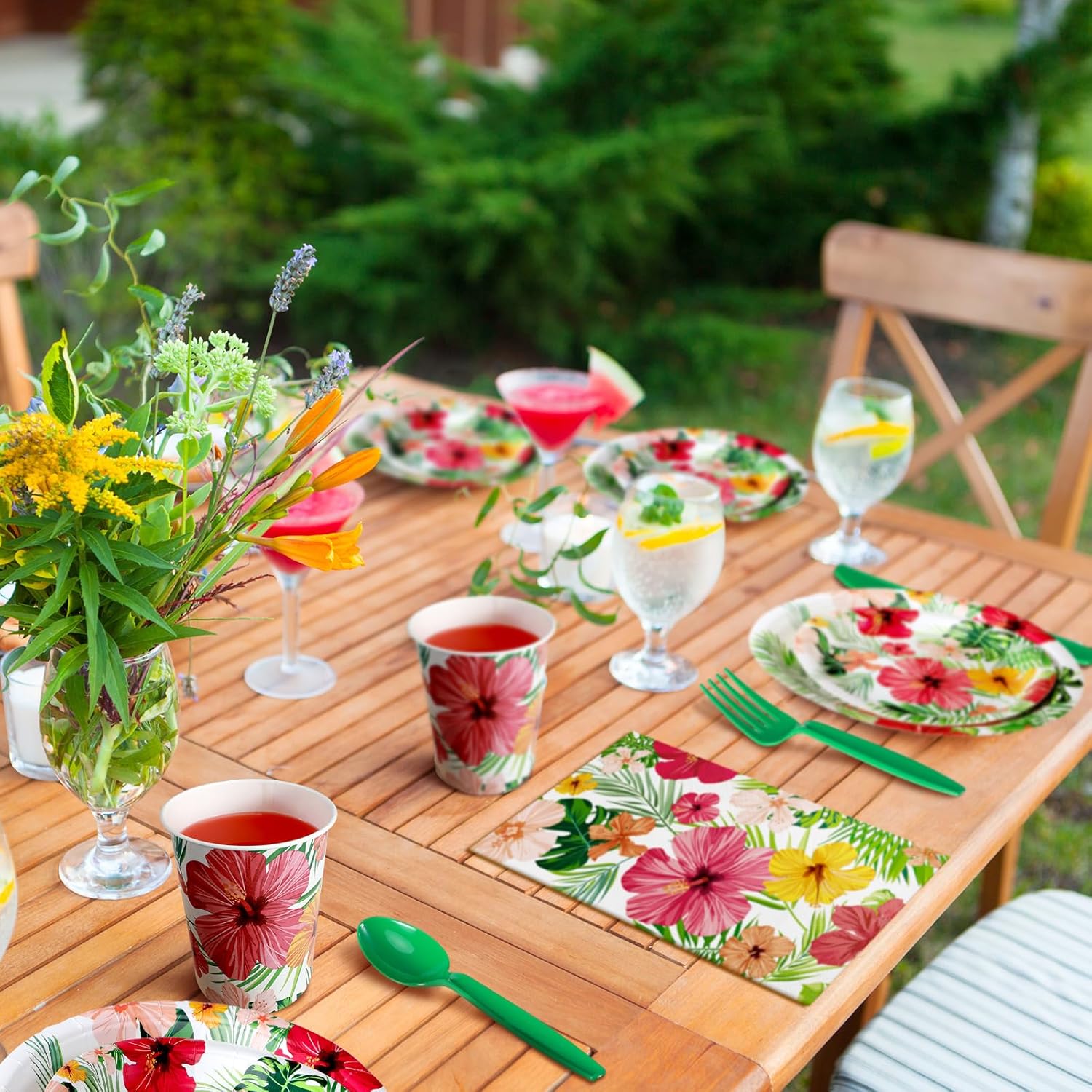 Sinmoe 400 Pcs Summer Plates and Napkins Set Summer Paper Dinnerware Disposable Party Supplies for 50 Guest Dinnerware Knife Fork Spoon for Birthday Party(Mixed Color,Hibiscus)