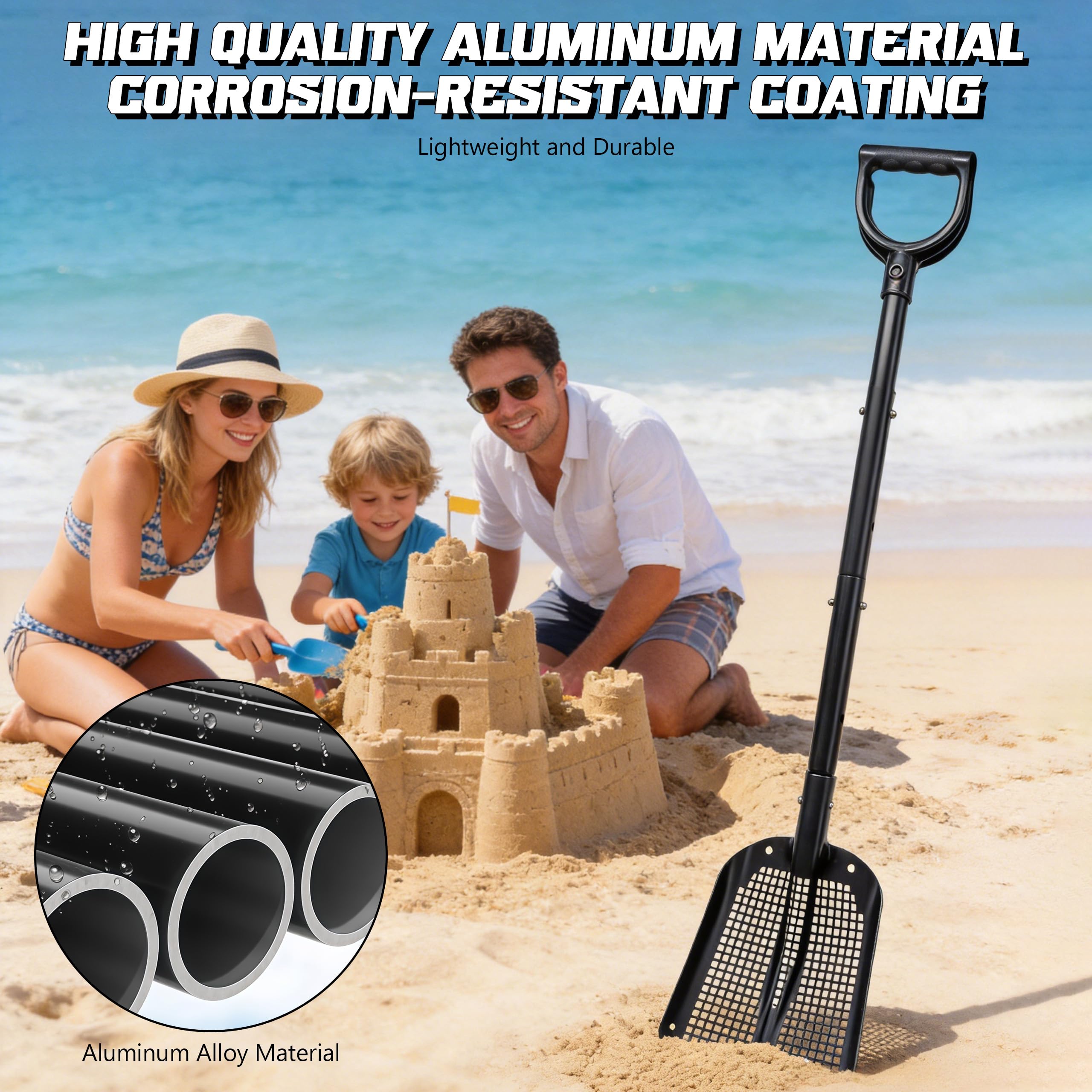 Tragbare Siebschaufel mit 59-118 cm Einstellbar Griff Gartensieb Aluminiumlegierung Sandschaufel Strandschaufel Scooper Garten für Schatzsuche Hühnerstallreinigung Sieben von Kies