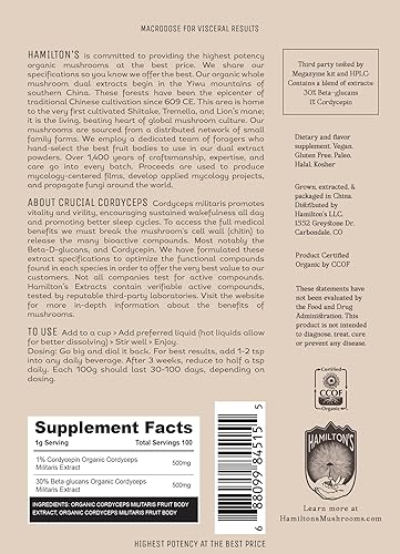 Miniatura 2 de Hamilton's Crucial Cordyceps  Polvo de extracto de hongo orgánico para resistencia y apoyo inmunológico  Alta potencia  30% beta-glucanos  Sin