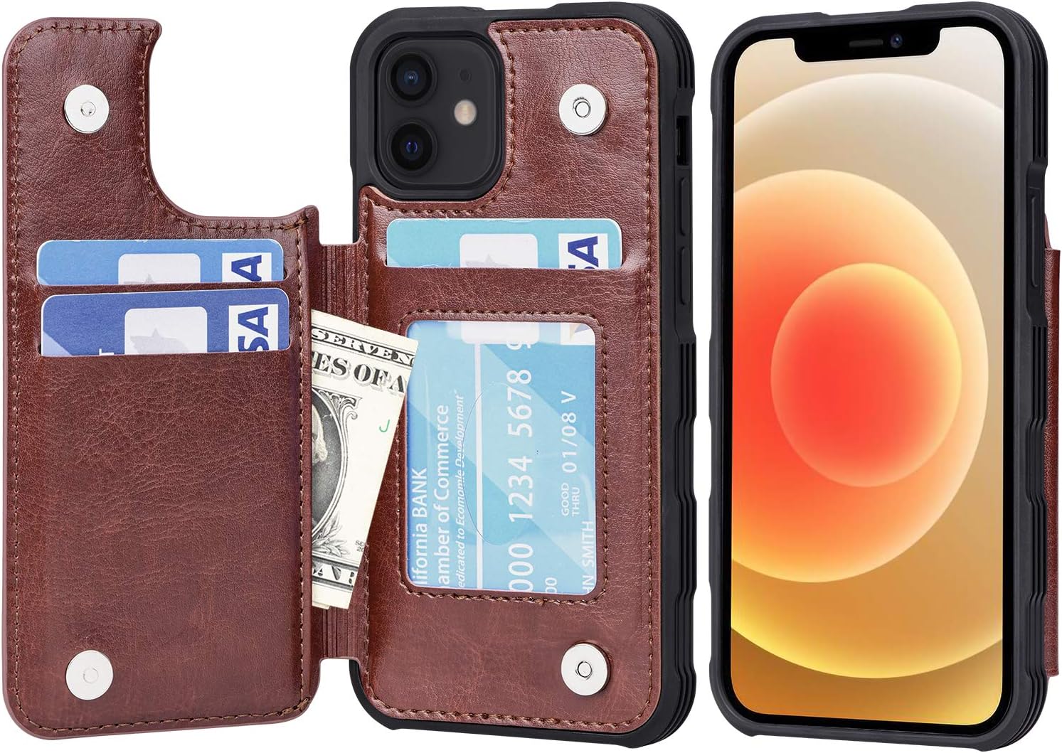 Compatible with iPhone 12 Case and iPhone 12 Pro Case - Wallet Case with PU Leather Card Pockets Back Flip Cover for iPhone 12/12 Pro 6.1 inch (Brown)