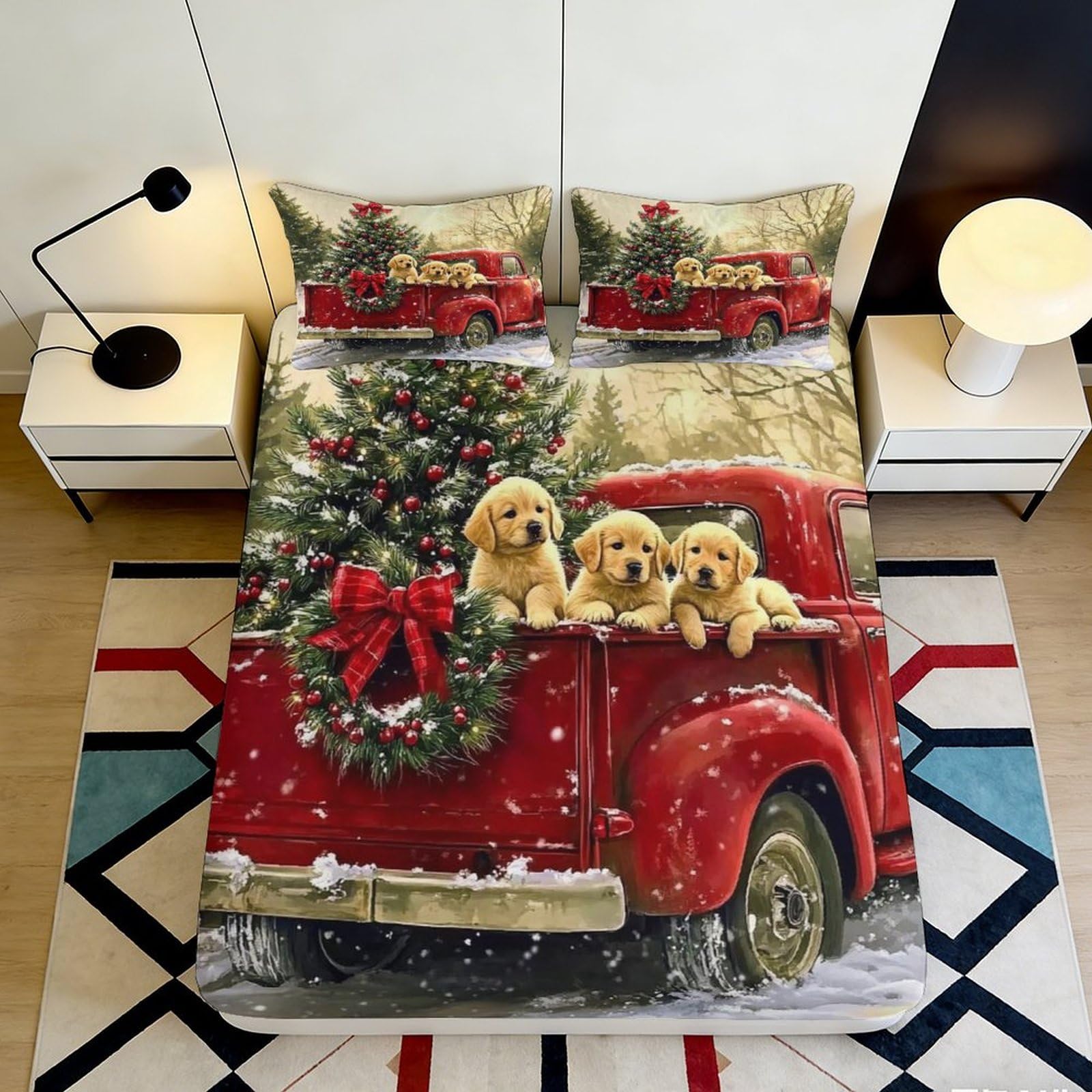 3D Printed Christmas Puppy Fitted Sheet Microfiber Deep Pocket Non-Slip Christmas Puppy Mattress Fitted Cover for Bedroom Bedding 200x200x25cm 90x200x25cm