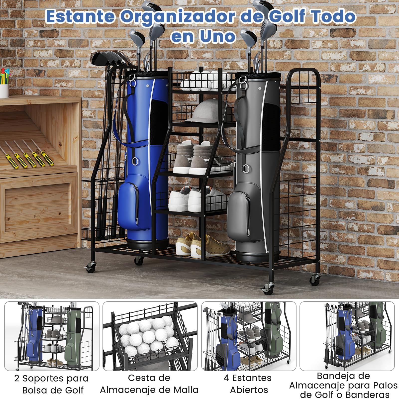 COSTWAY Organizador de Almacenamiento para Bolsas de Golf, Soporte para 2 Bolsas de Golf y Accesorios, Estante de de Metal con Soporte Removible para Palos de Golf y Ruedas para Garaje, Club