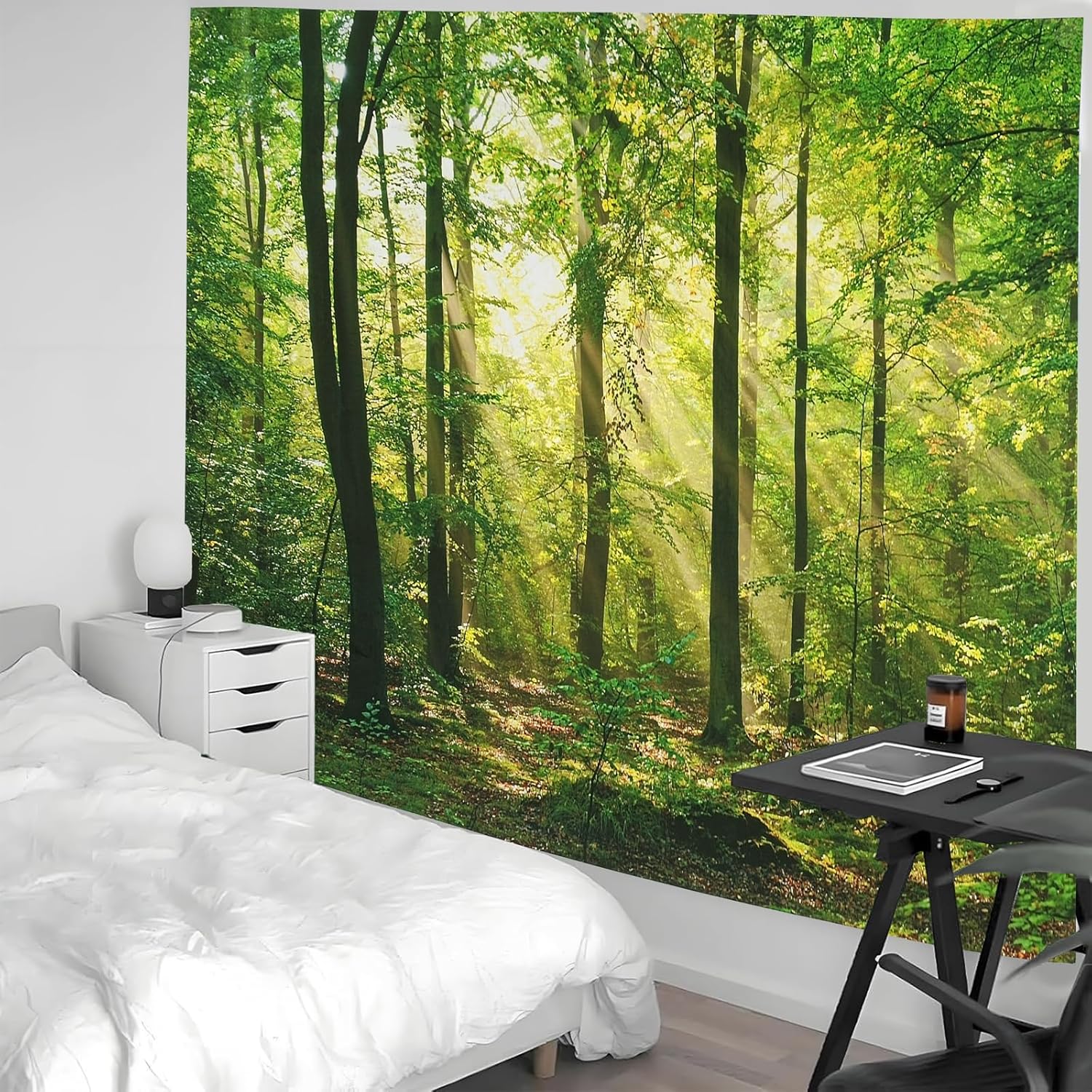 TUGCAY Tyndall Effect Forest Tapestry Sunlight Trees Tapestry Green Nature Landscape Scenery Wall Hanging Tapestries Decor for Bedroom Living Room (90.6'' x 70.9'')
