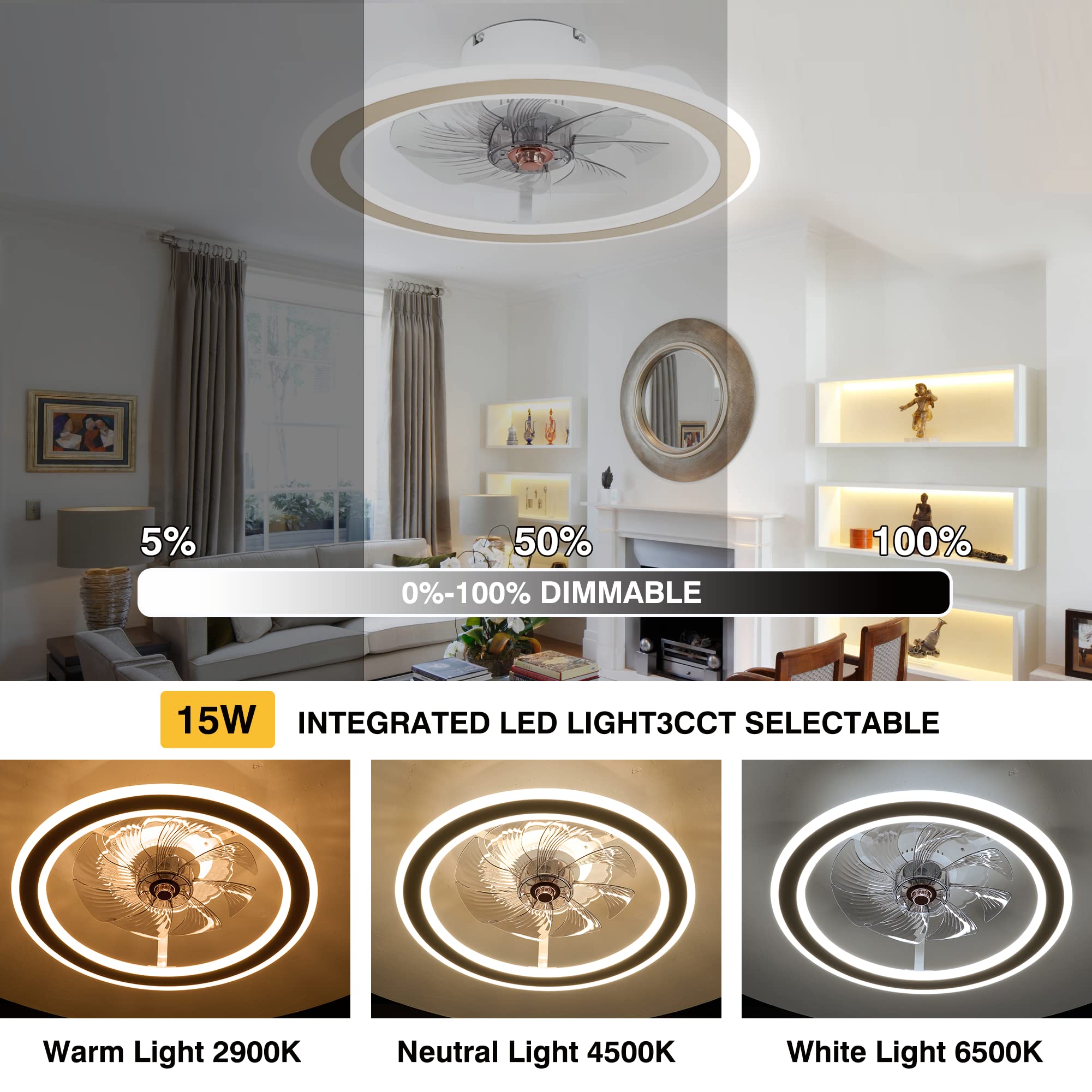 KeLuKes 50cm Round Fan Light Ceiling Silent, Modern Ceiling Fans With - View #4