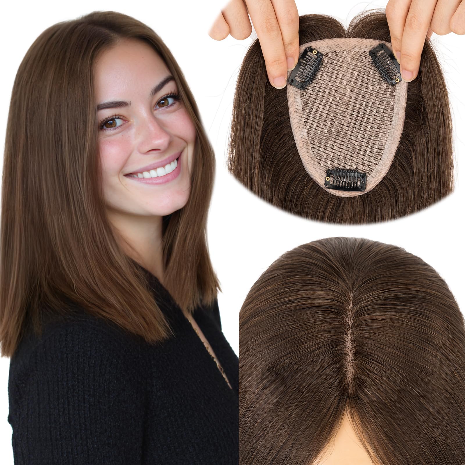 Photo 1 of Elailite Human Hair Toppers for Women Real Human Hair Thinning Thin 9 * 12CM Silk Base Clip in Remy Hairpieces Hand-Tied 12 Inch Dark Brown