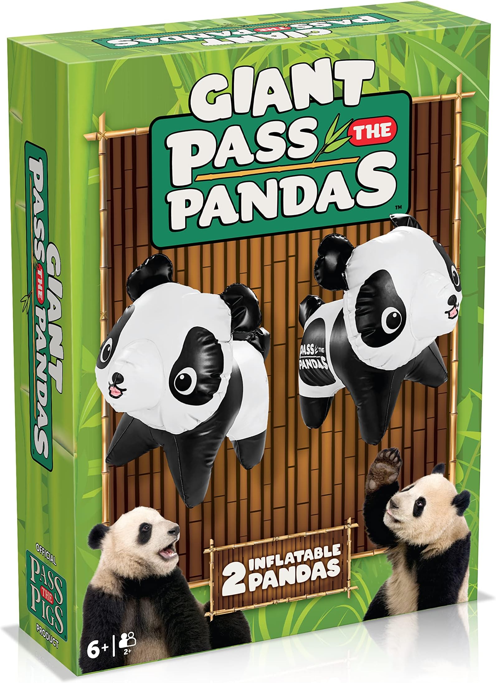 – PASS THE PIGS Giant Pass the Pandas Dice Game, The classic party and travel game now with a pair of pudgy, inflatable Pandas, Will you get a Snoozer or a bummer? makes a great gift for ages 6 plus