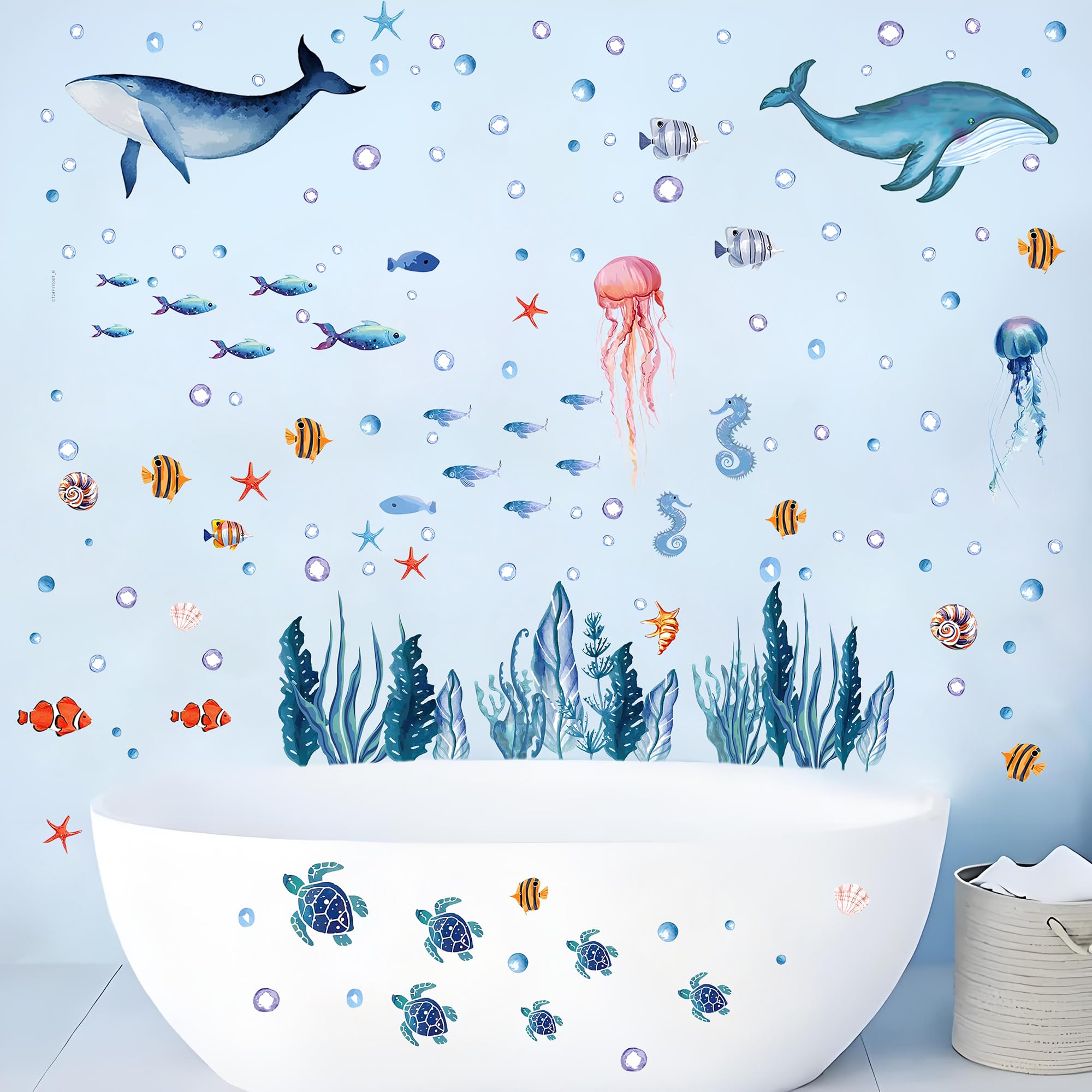Naklejki ścienne ze zwierzętami z podwodnym światem dla dzieci, zabawna edukacyjna dekoracja z motywem oceanu, delfina, meduzy, żółwia i nie tylko, niebieskie życie morskie żłobek naklejki ścienne
