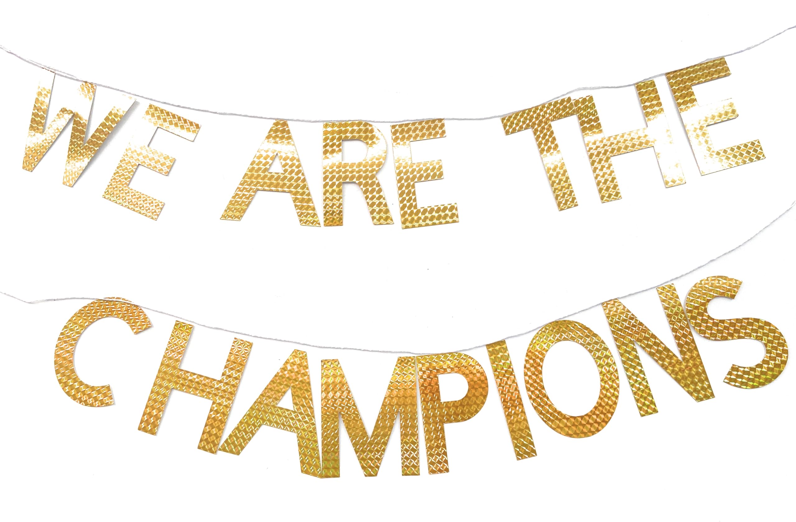 We are the champions gold bunting, Football championship celebration garland wall hanging sign decorations, colourful letter bunting for walls, windows, pubs