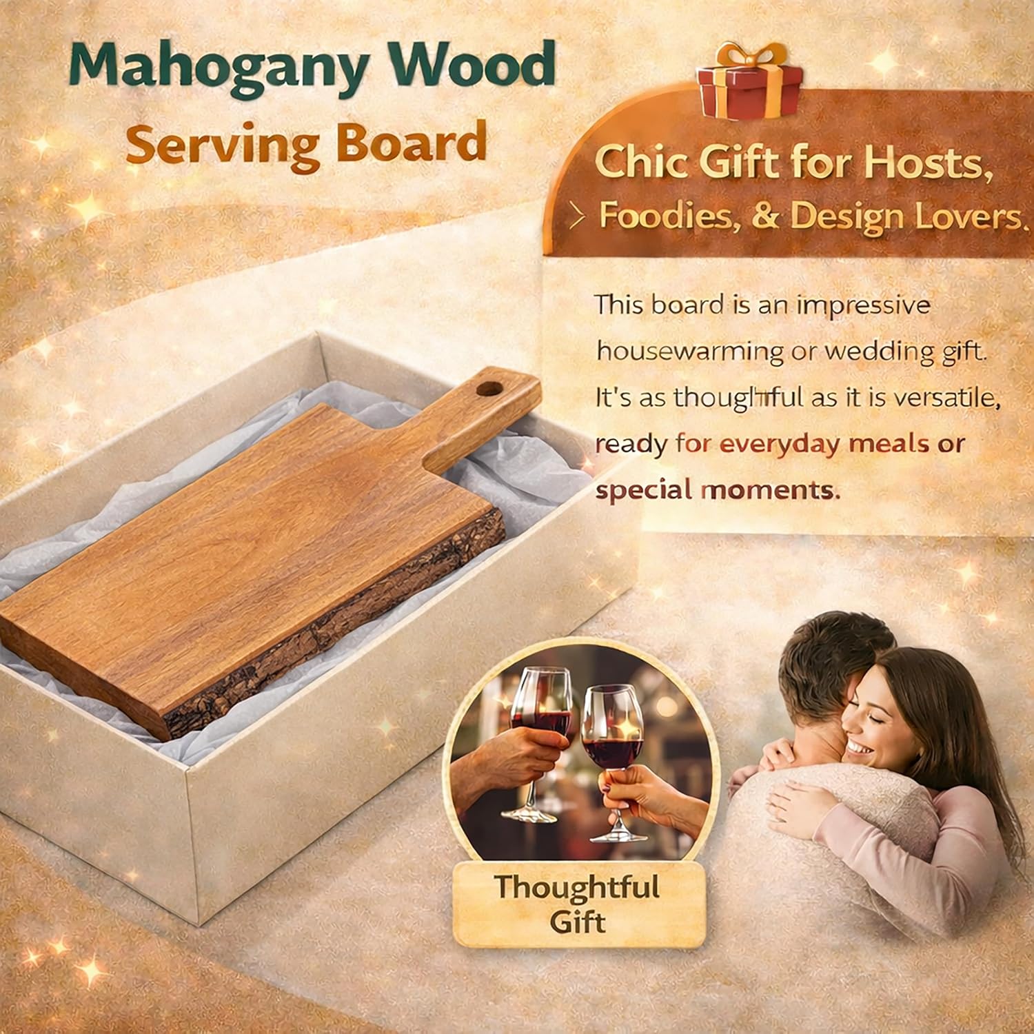 Creative Home Premium Solid Mahogany Wood Charcuterie & Serving Board, Hand‑Carved Indonesian Hardwood Slice with Live Edge Detail, Durable & Natural for Restaurants, Hotels & Home Dining (14" x 5")