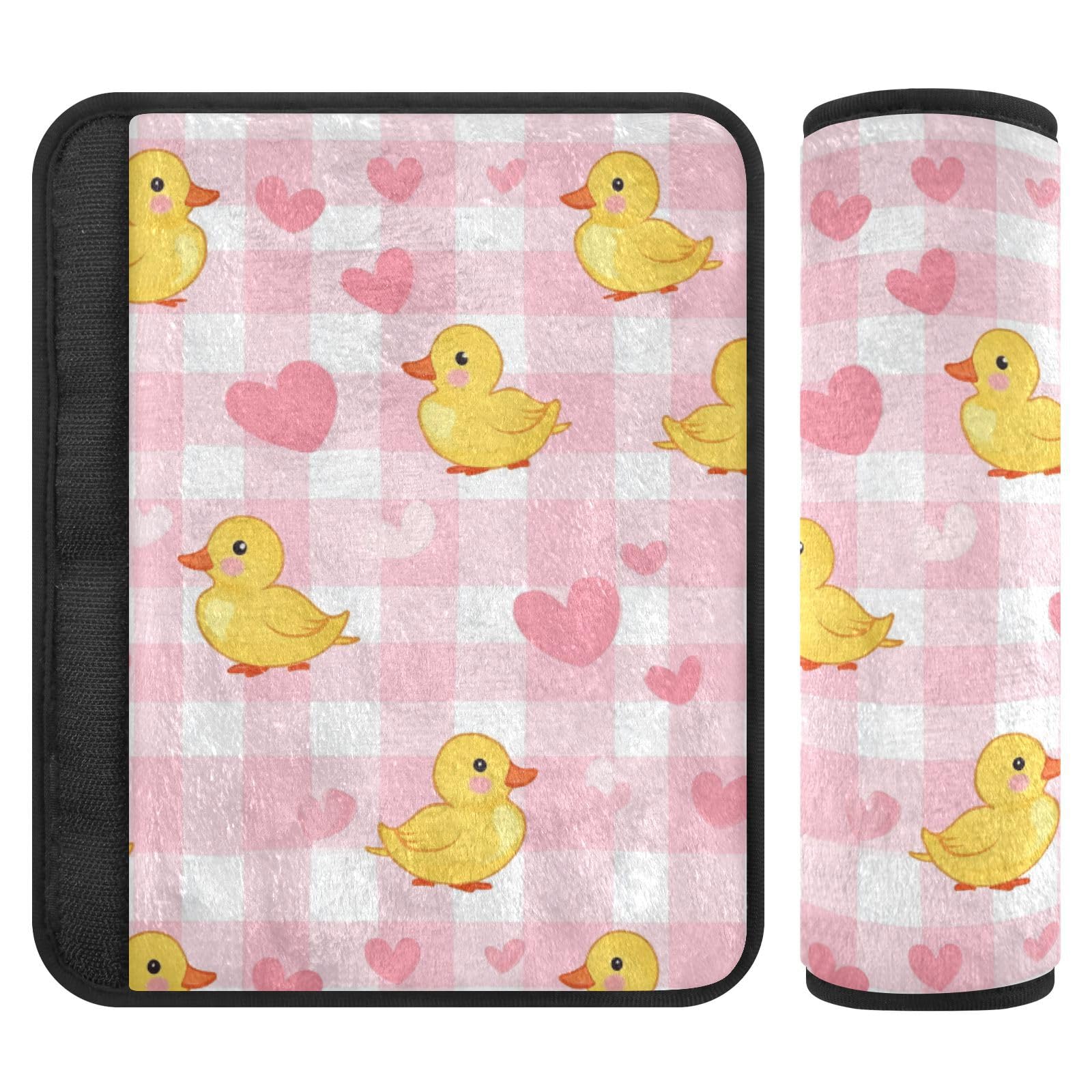 Seat Belt Covers 2 Pack Yellow Duck Heart Car Seat Strap Covers Super Soft Pink Buffalo Check Car Seat Neck Cover for Boys Girls Adults Babies S