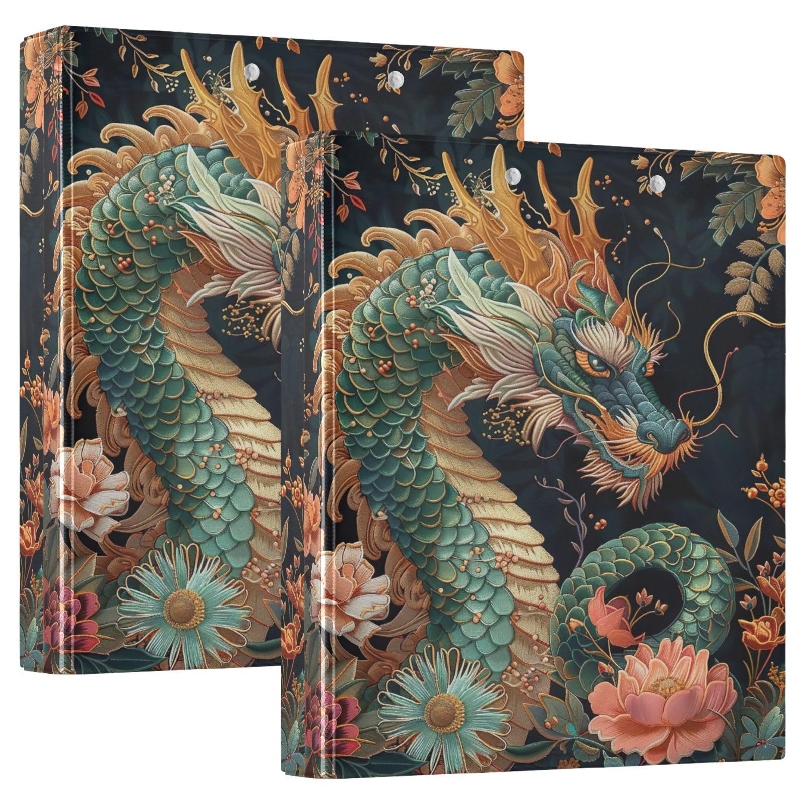 1.5 Inch 3 Ring Binder, Green Dragon Vintage Chinese Flowers D Ring Binder with Clipboard Large 3 Binders for School, College, Office