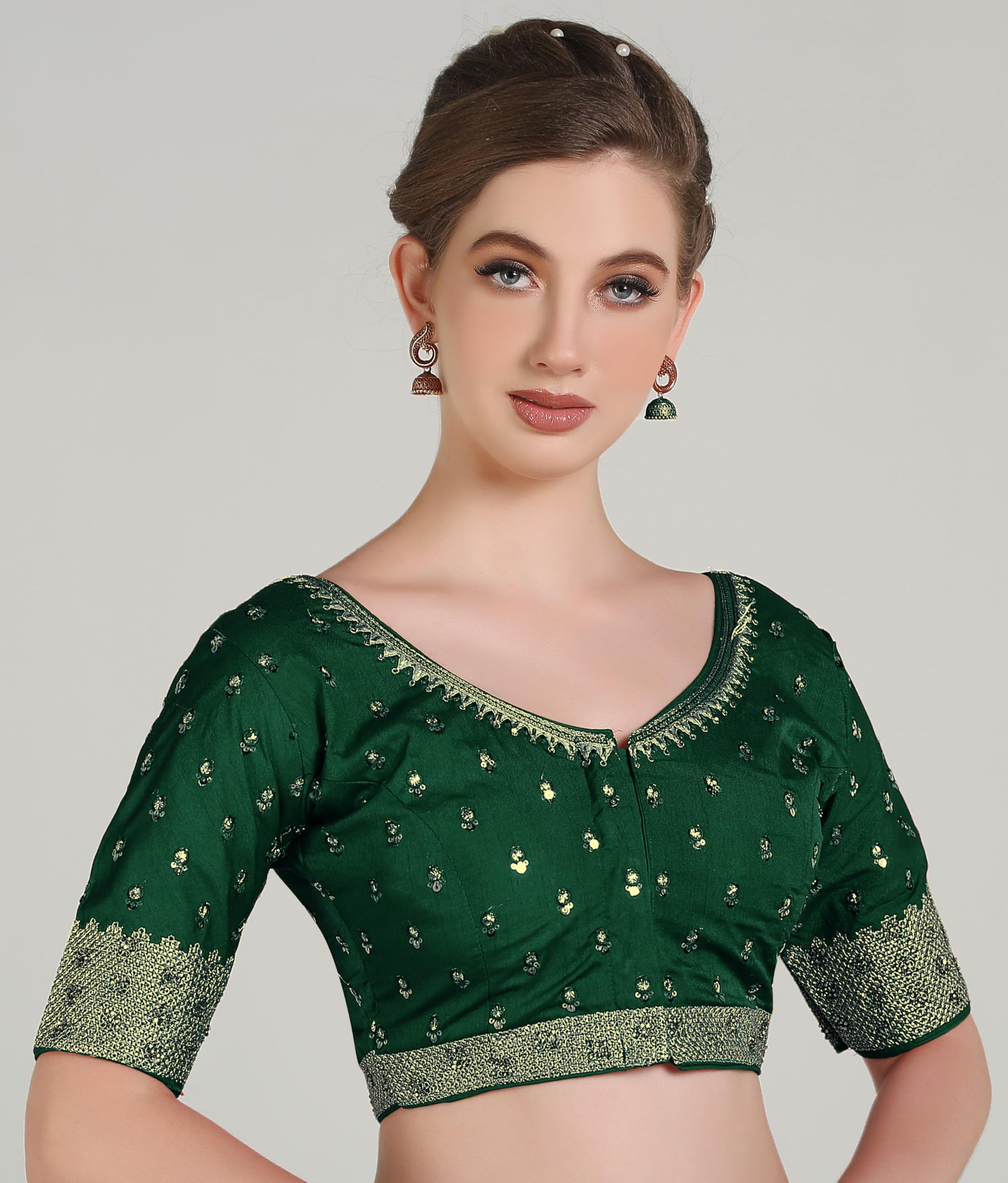 Pujia Mills Women Indian Ethnic Wear Designer Golden Codding With Zari Embroidered Diamond Work Round Neck Half Sleeve Readymade Aari Work Saree Blouse Bridal Readymade Blouse Green For Lehenga Choli