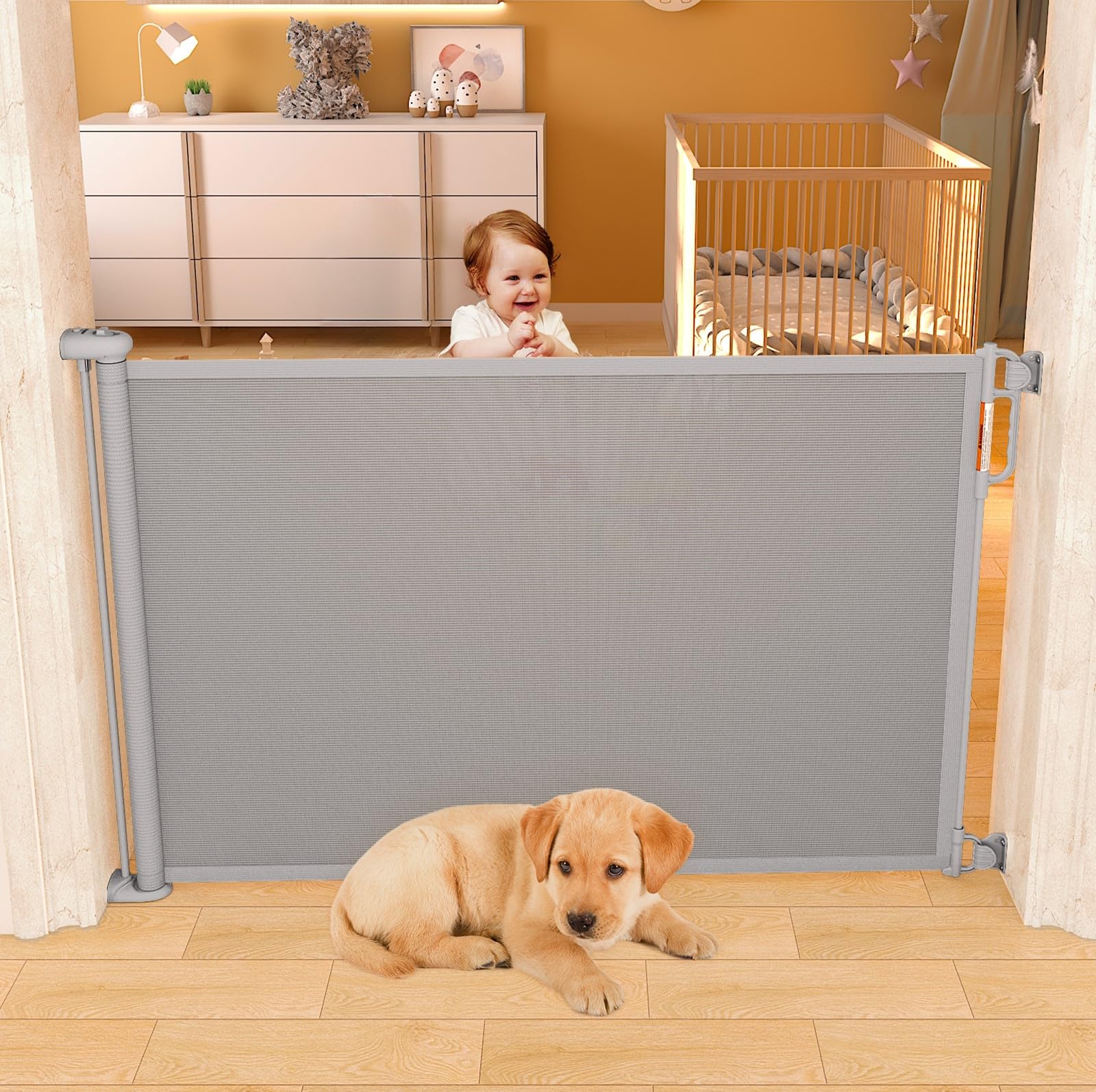 Momcozy Cancelletto per Bambini Estensibile, 180cm Cancello per Bambini, Silenzioso e Operazione con una sola mano, Cancelletto di Sicurezza Retraibile per Scale/Interni/Esterni/Corrido, Grigio