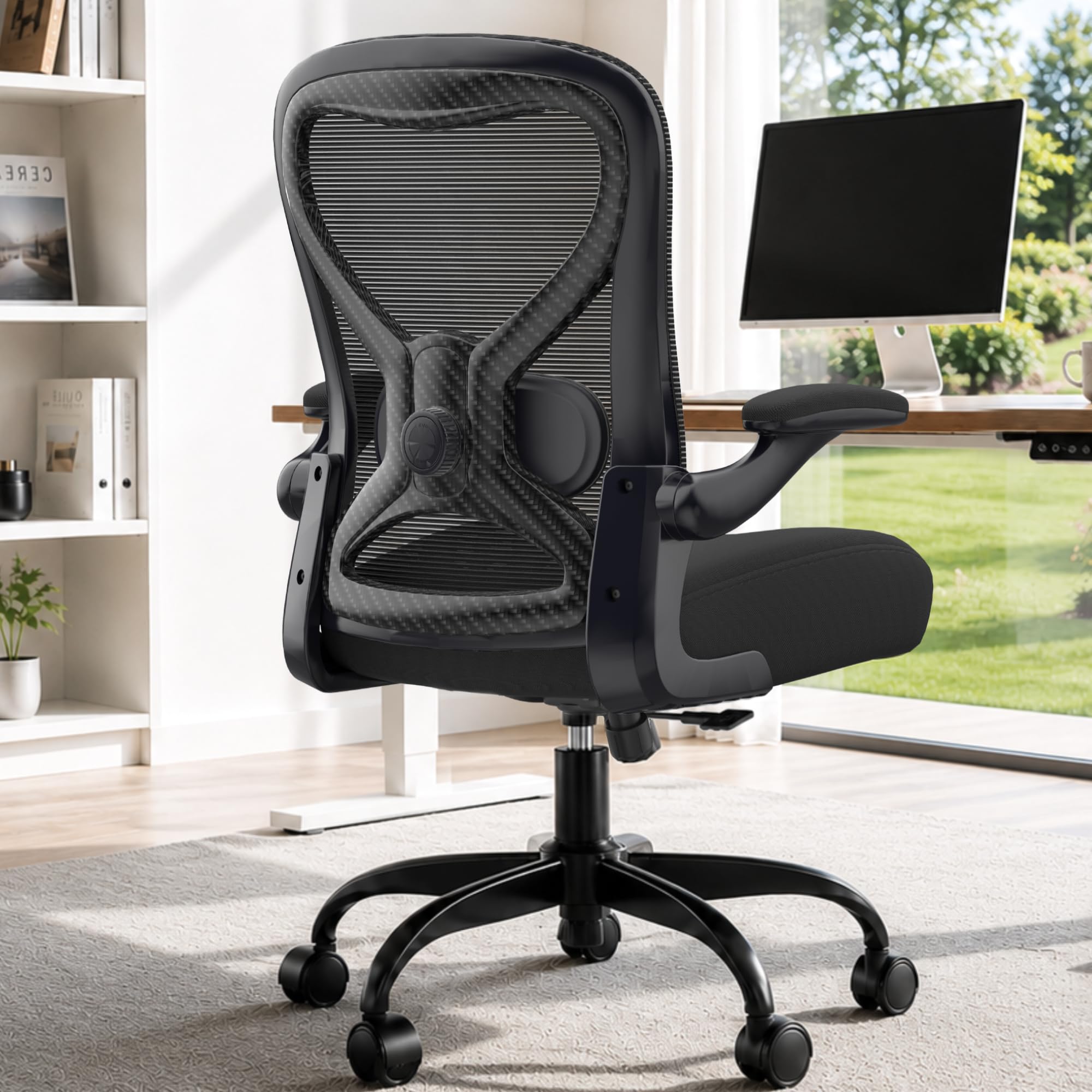 office desk chair with ergonomic lumbar support, extra-thick seat cushion, flip-up arms, breathable mesh back, computer task chair for home office (all-black carbon fiber model) | adjustable lumbar (up/down/in/out), rocking mesh back, flip-up arms, easy assembly, ideal for home offices & small workspaces