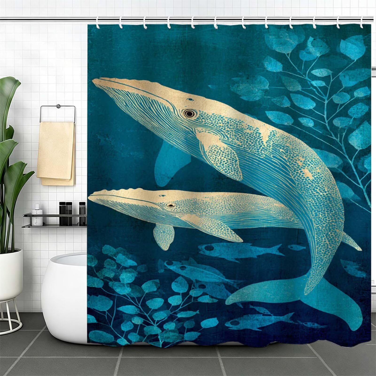 Rideau Douche Turquoise 230x180cm Rideau de Douche baleine Shower Curtain–Impression Polyester Tissu–avec œillets et 12 Crochets–Tissu Lavable en Machine–Imperméable–pour Salle de Bain–Hôtel J-1012