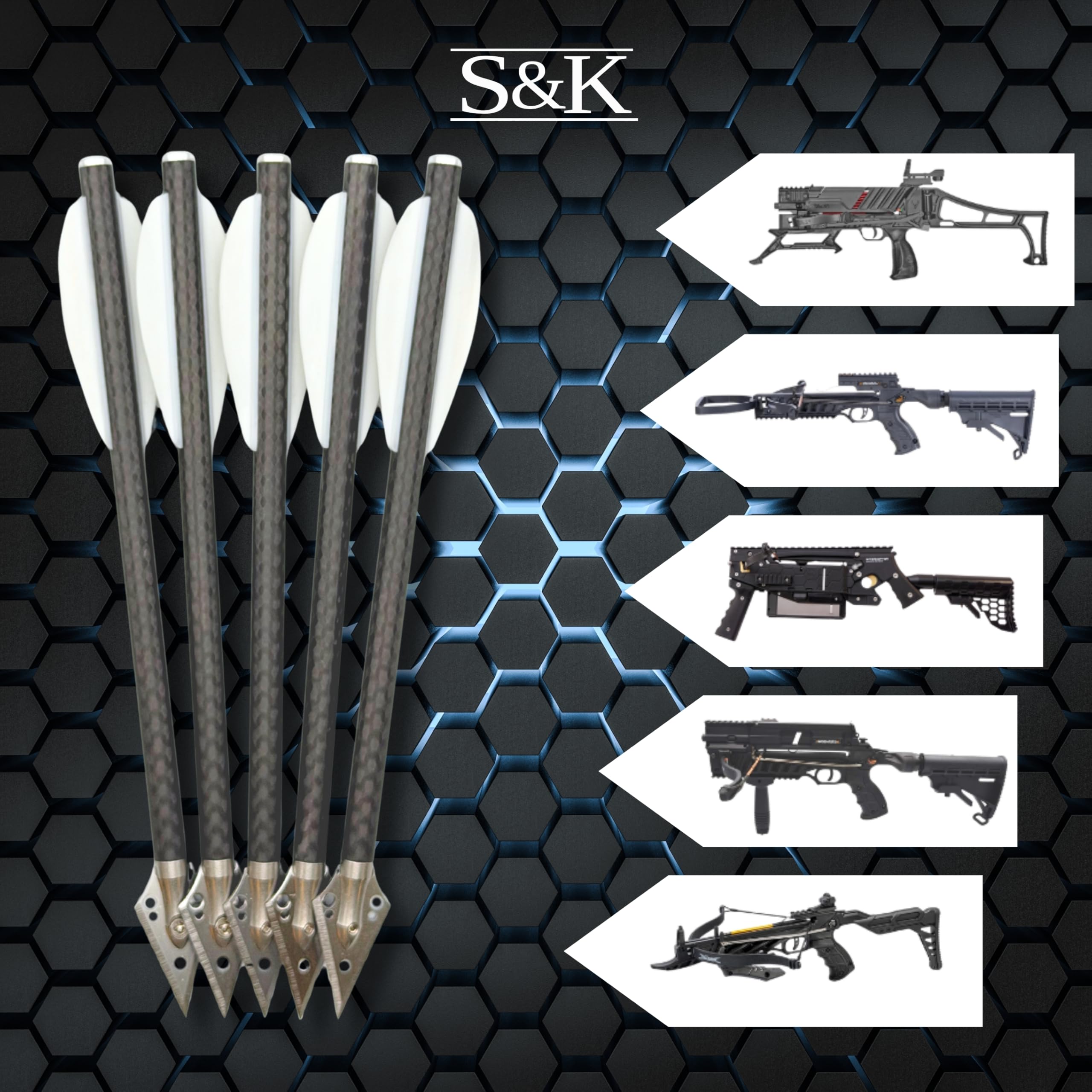 S&K - 5X Premium 3K Carbon Jagdbolzen 6,3" für Pistolenarmbrust – für Steambow Stinger, EK Archery Vlad & Cobra, Mey Interceptor UVM. – Hochpräzise Armbrustpfeile mit Jagdspitzen & weißen Vanes